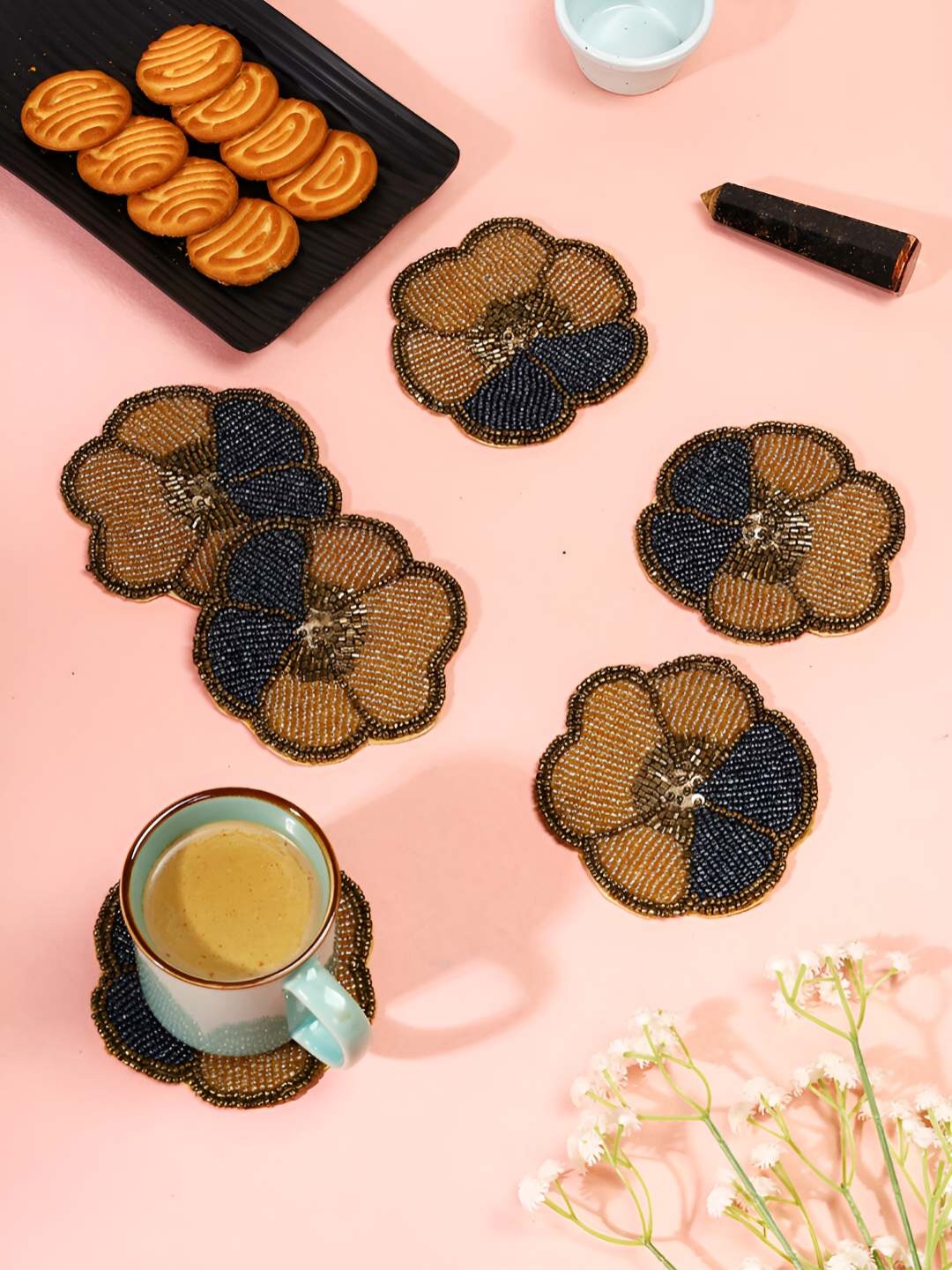 

PURINA'S 4 Pcs Brown & Blue Floral Printed Agate Stone Coasters