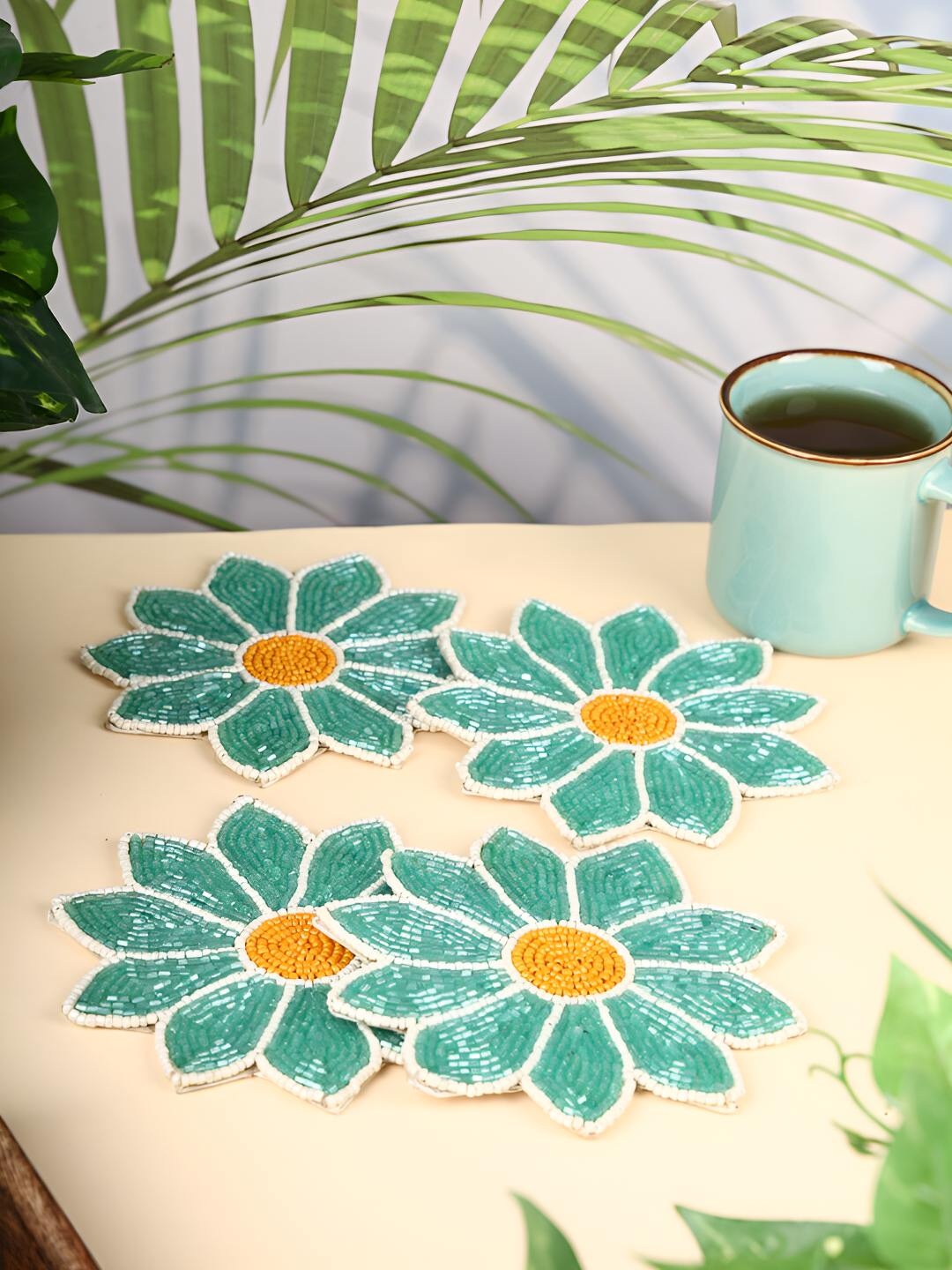 

PURINA'S Green & White 4 Pieces Embellished Beaded Floral Coasters