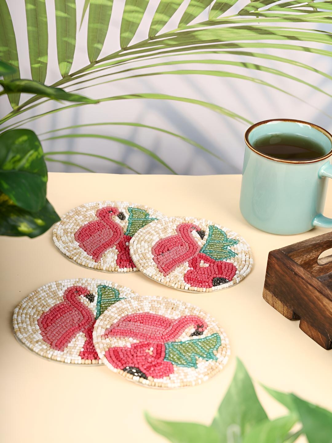 

PURINA'S White & Red 4 Pieces Embellished Round Coasters, Cream
