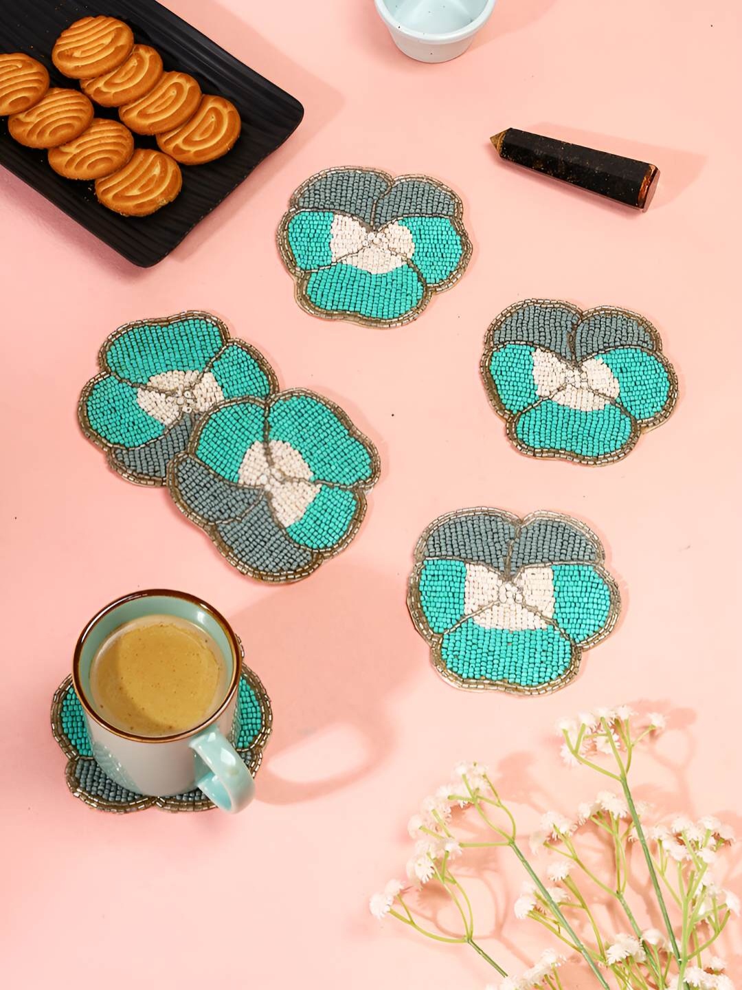 

PURINA'S Blue & White 6 Pcs Embellished Beaded Coasters