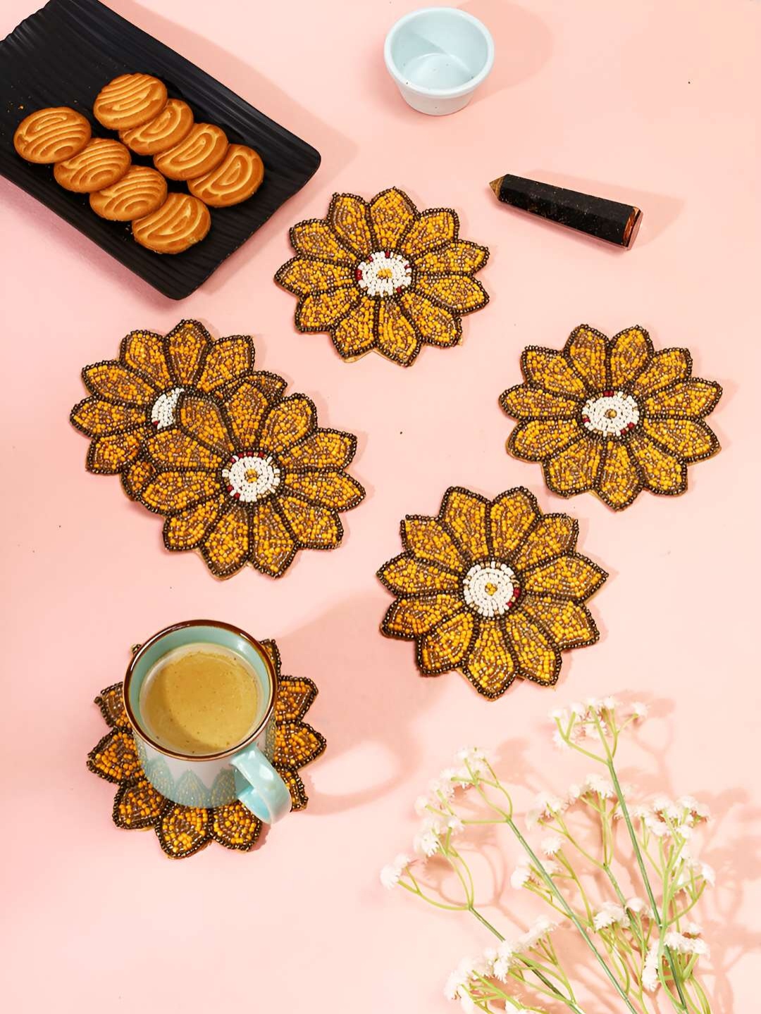 

PURINA'S Yellow & Gold Toned 6 Pieces Embillished Beaded Coasters