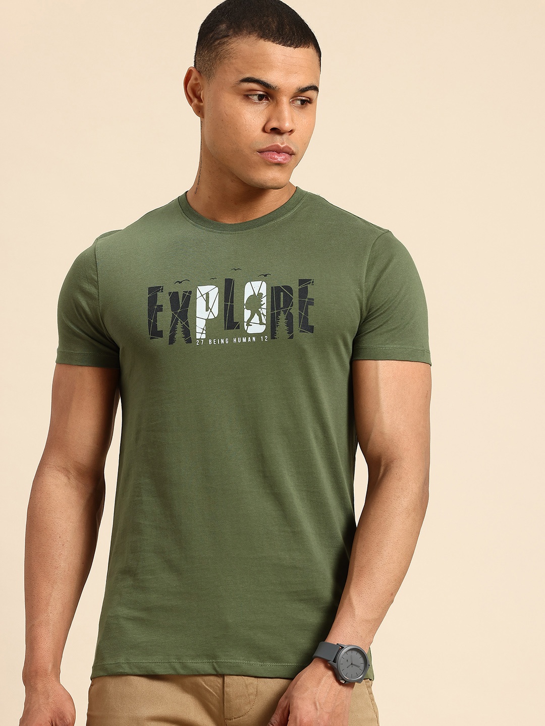 

Being Human Typography Printed Pure Cotton T-shirt, Olive