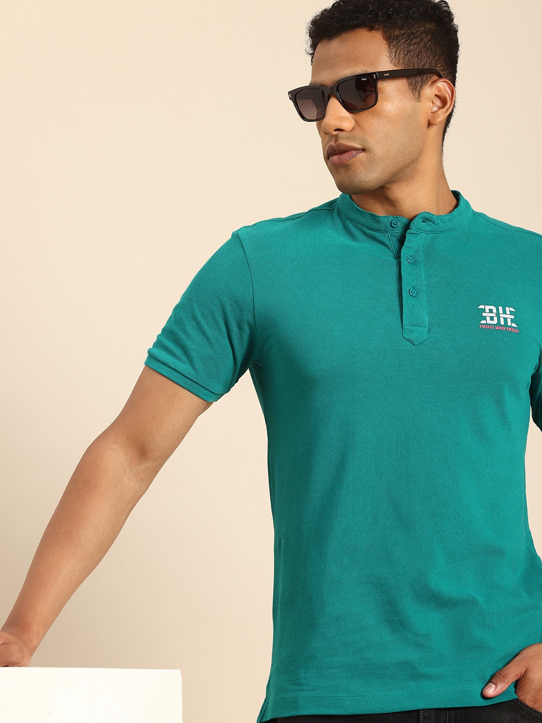 

Being Human Henley Neck Pure Cotton T-shirt, Teal