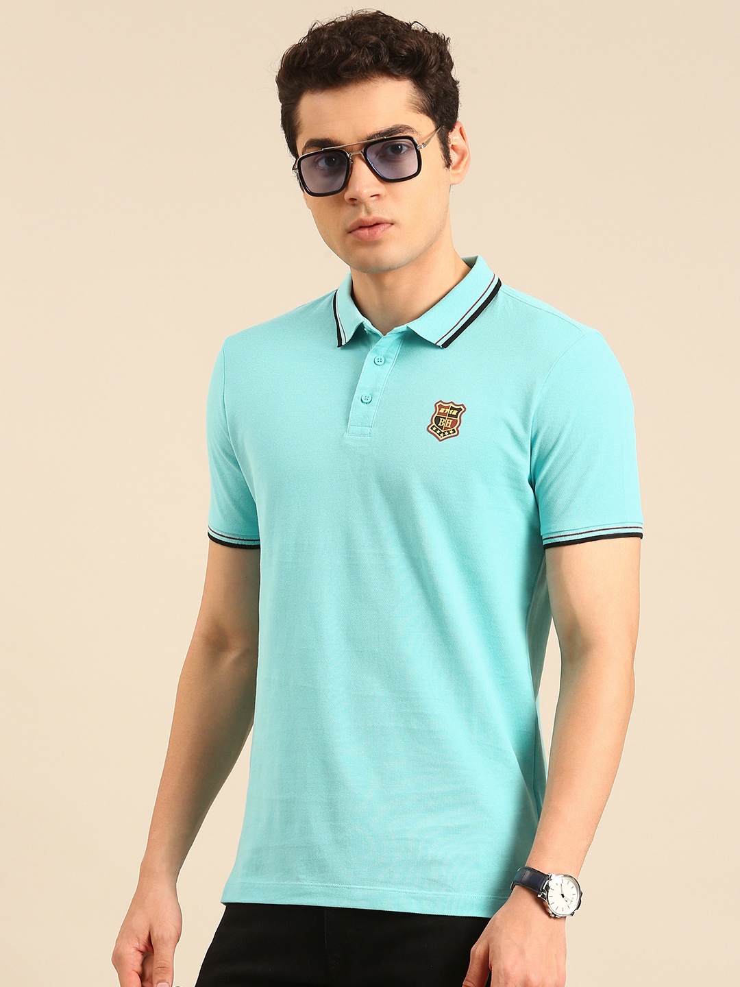 

Being Human Polo Collar Pure Cotton T-shirt with Applique Detail, Blue