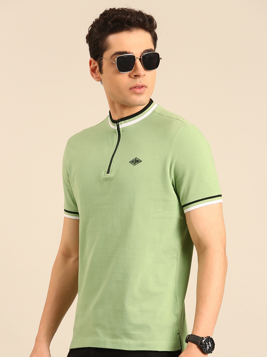 

Being Human Mock Collar Pure Cotton T-shirt, Green