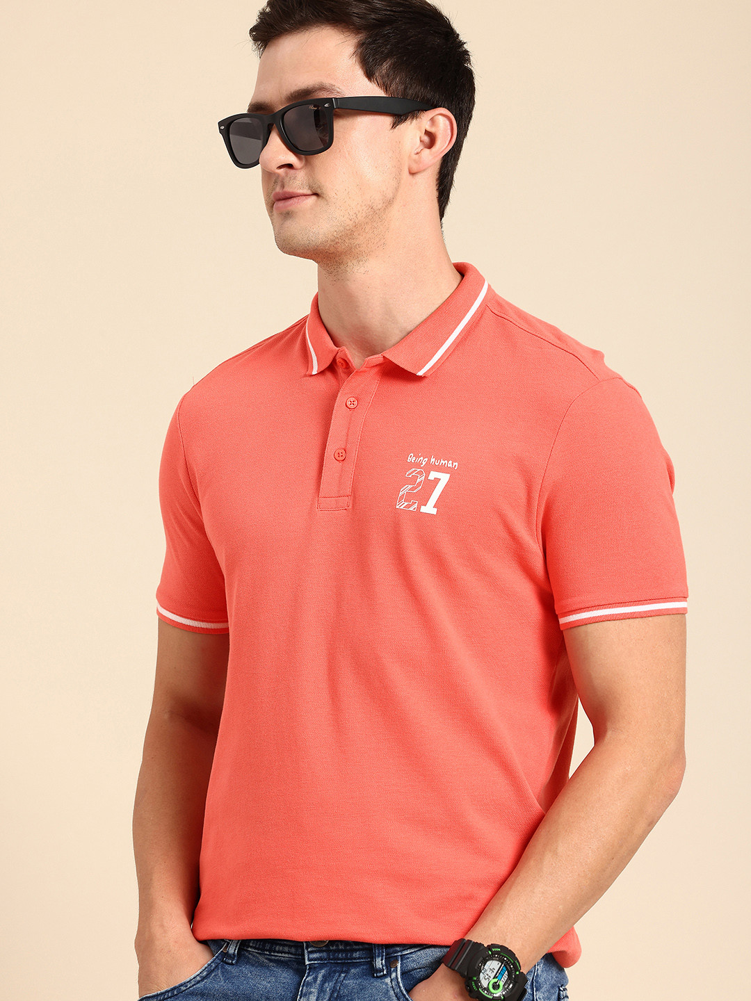 

Being Human Polo Collar Pure Cotton T-shirt, Coral