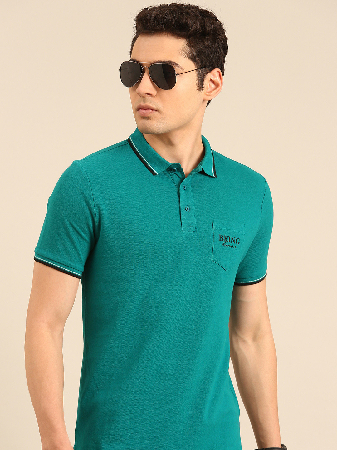 

Being Human Polo Collar Pure Cotton T-shirt with Pocket, Green