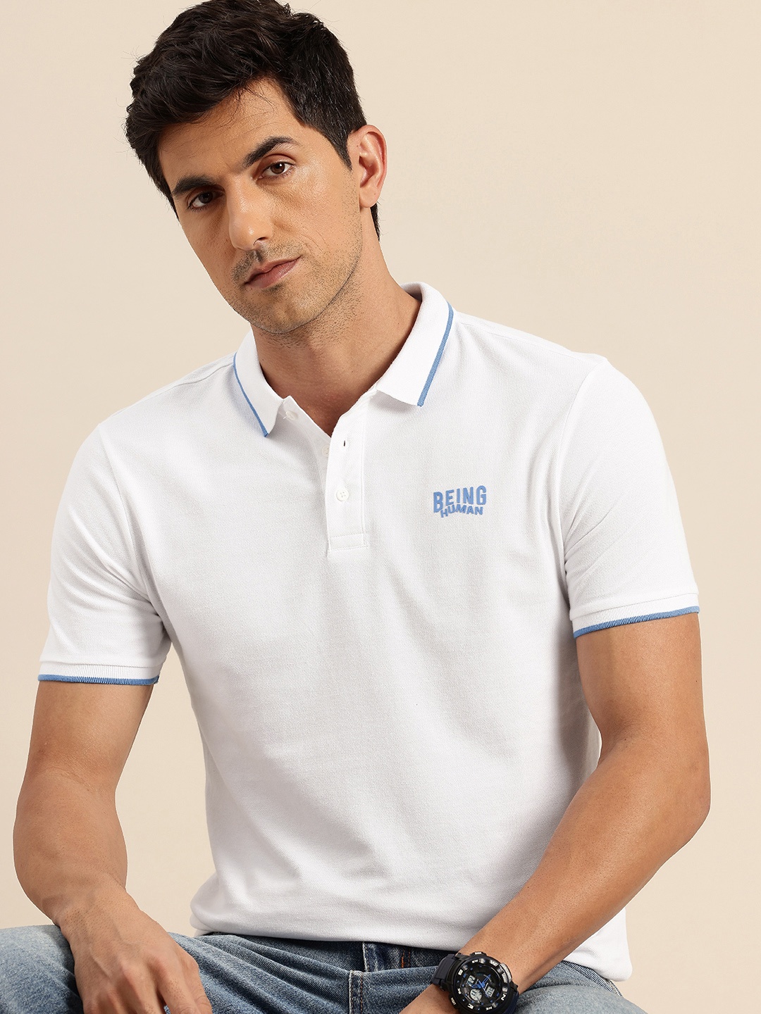 

Being Human Polo Collar Pure Cotton T-shirt, White