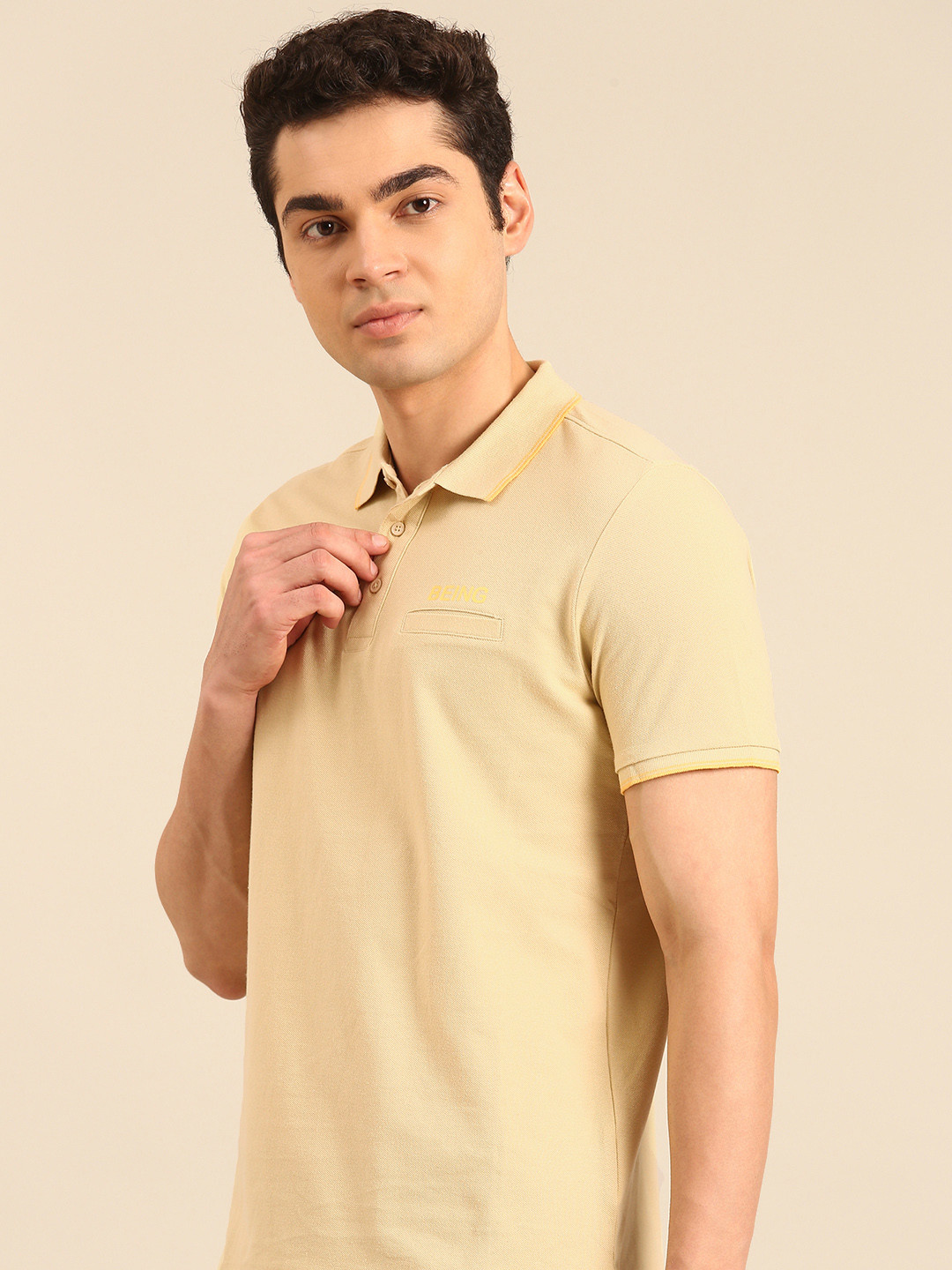

Being Human Polo Collar Pure Cotton T-shirt with Welt Pocket, Beige