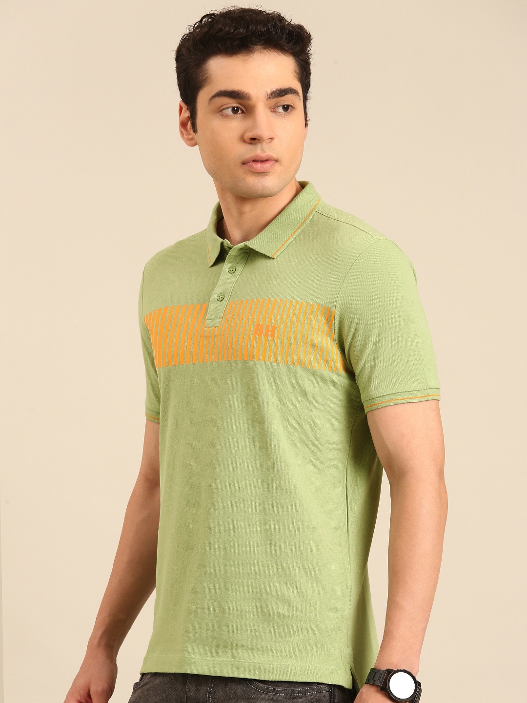 

Being Human Striped Polo Collar Pure Cotton T-shirt, Green