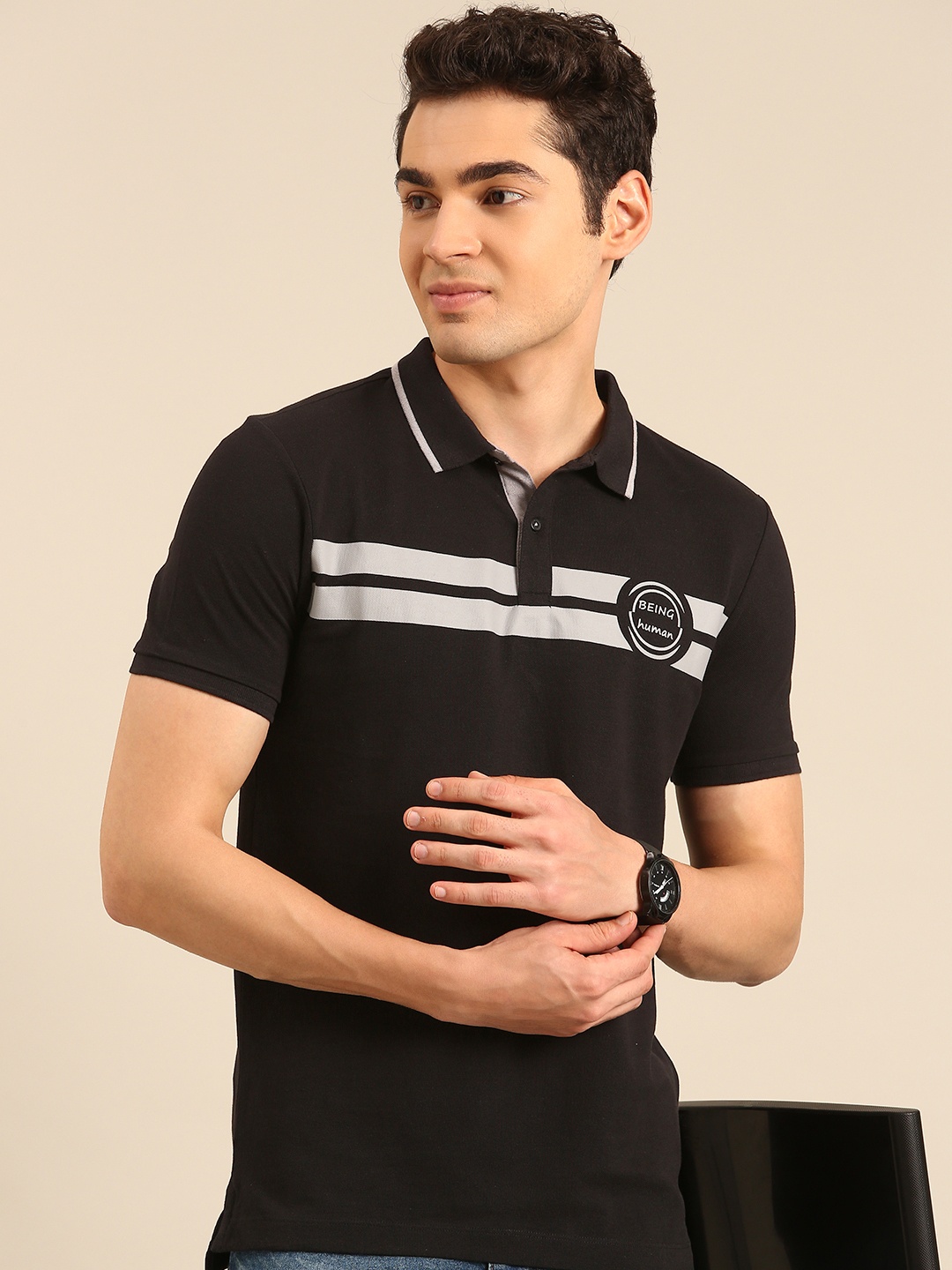

Being Human Striped Polo Collar Pure Cotton T-shirt, Black