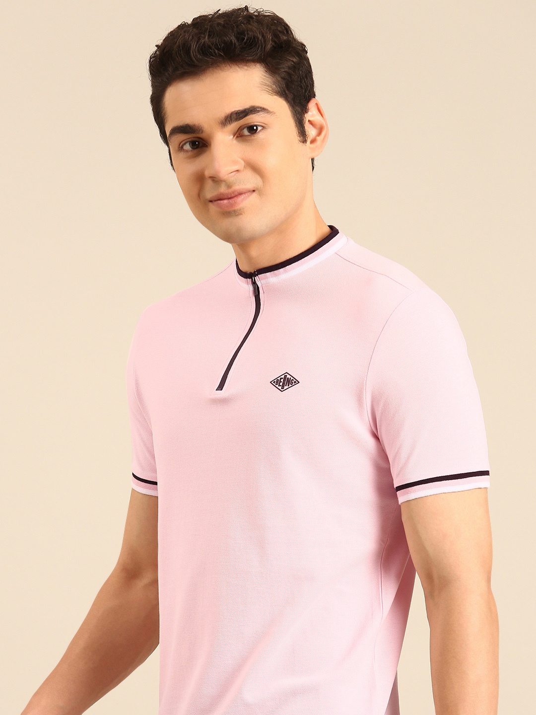 

Being Human Mock Collar Pure Cotton T-shirt, Pink