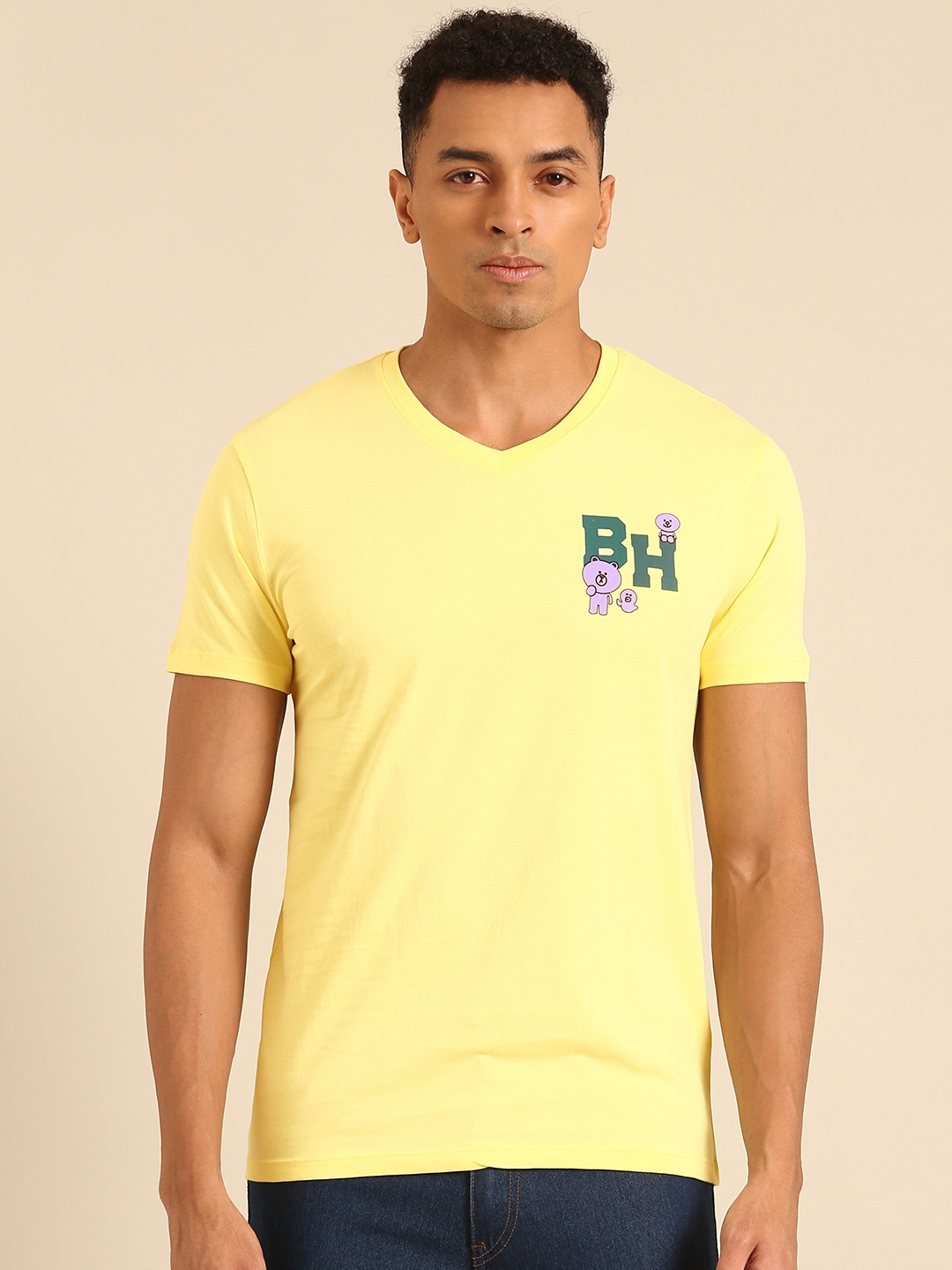 

Being Human V-Neck Pure Cotton T-shirt with Minimal Print, Yellow