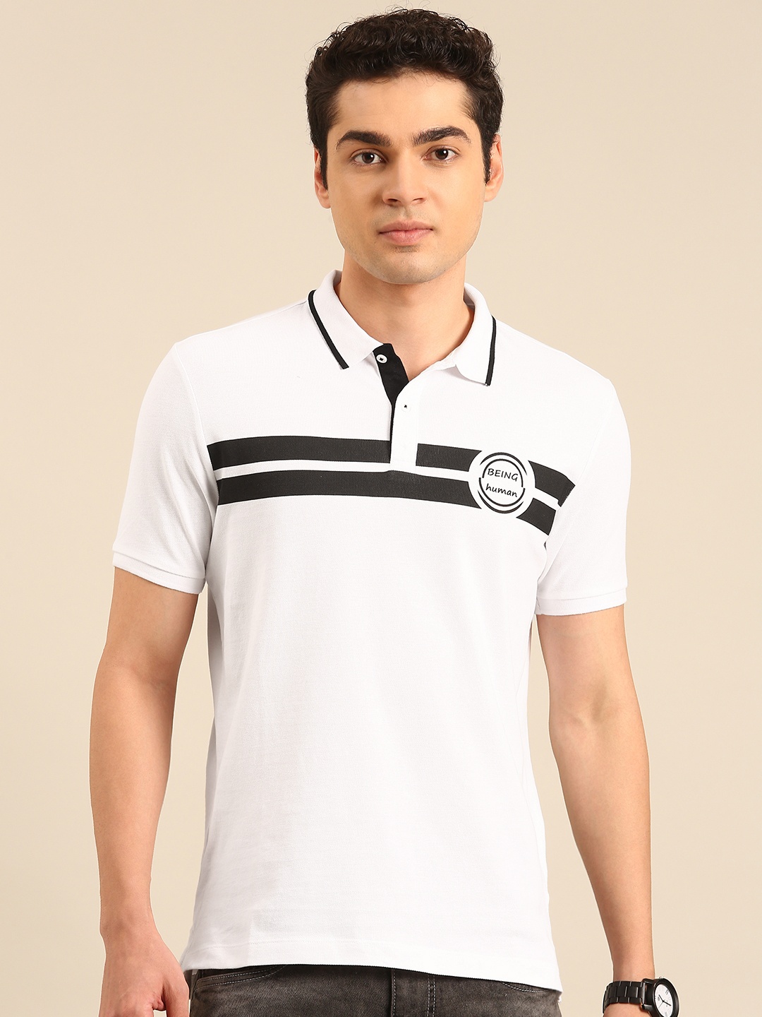 

Being Human Striped Polo Collar Pure Cotton T-shirt, White