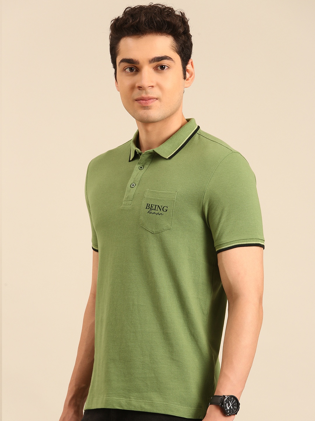 

Being Human Polo Collar Pure Cotton T-shirt with Pocket, Olive