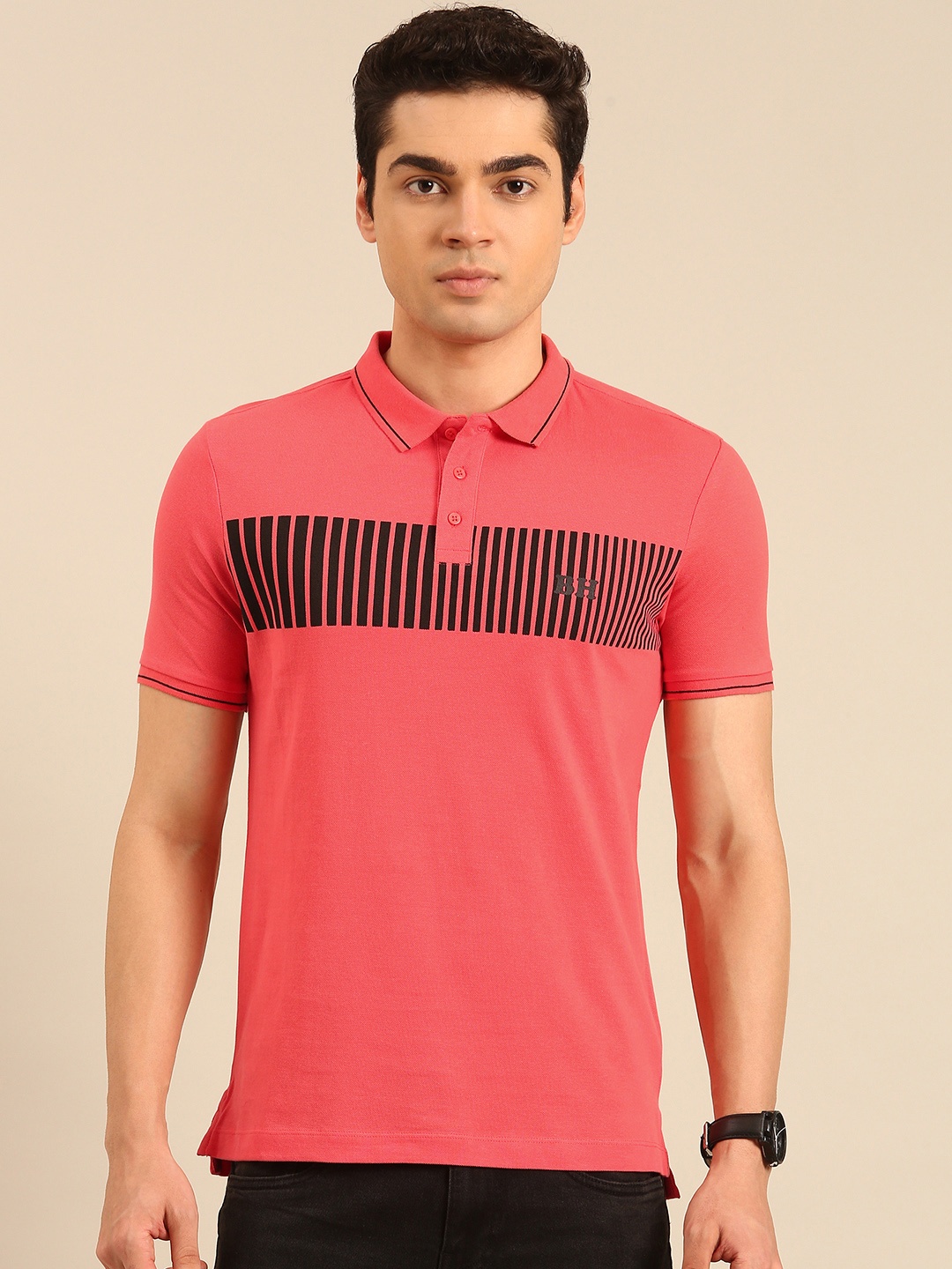 

Being Human Striped Polo Collar Pure Cotton T-shirt, Coral