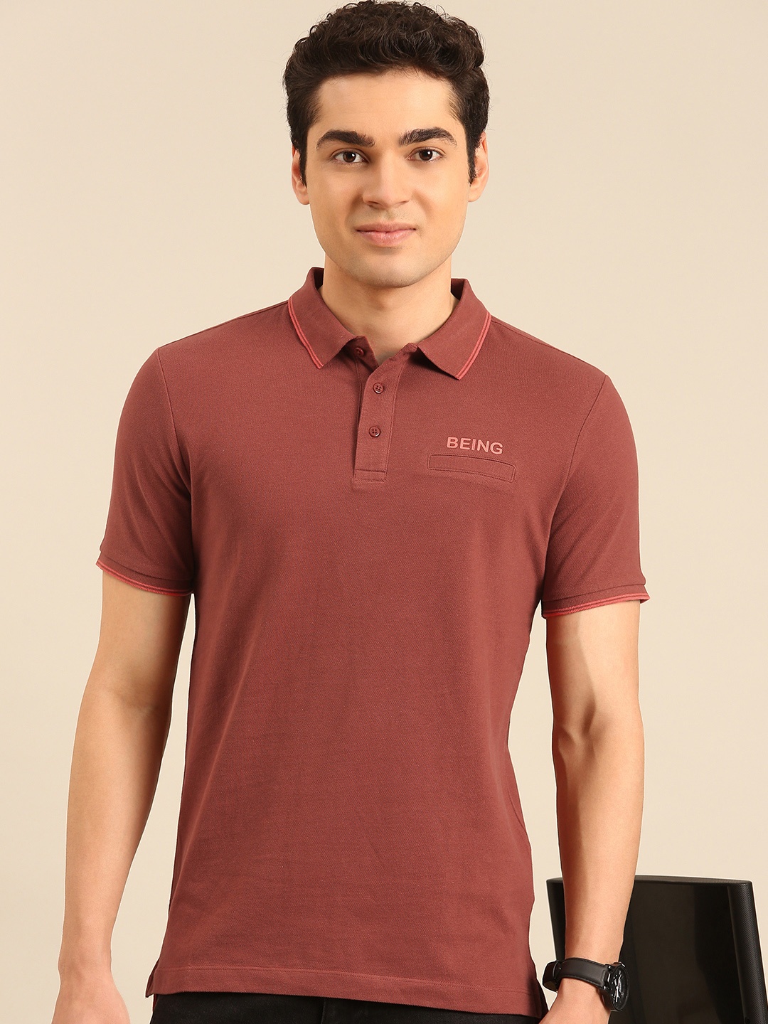 

Being Human Polo Collar Pure Cotton T-shirt with Welt Pocket, Rust