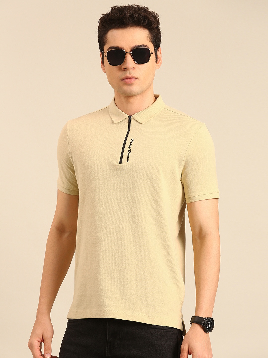 

Being Human Polo Collar Pure Cotton T-shirt, Beige