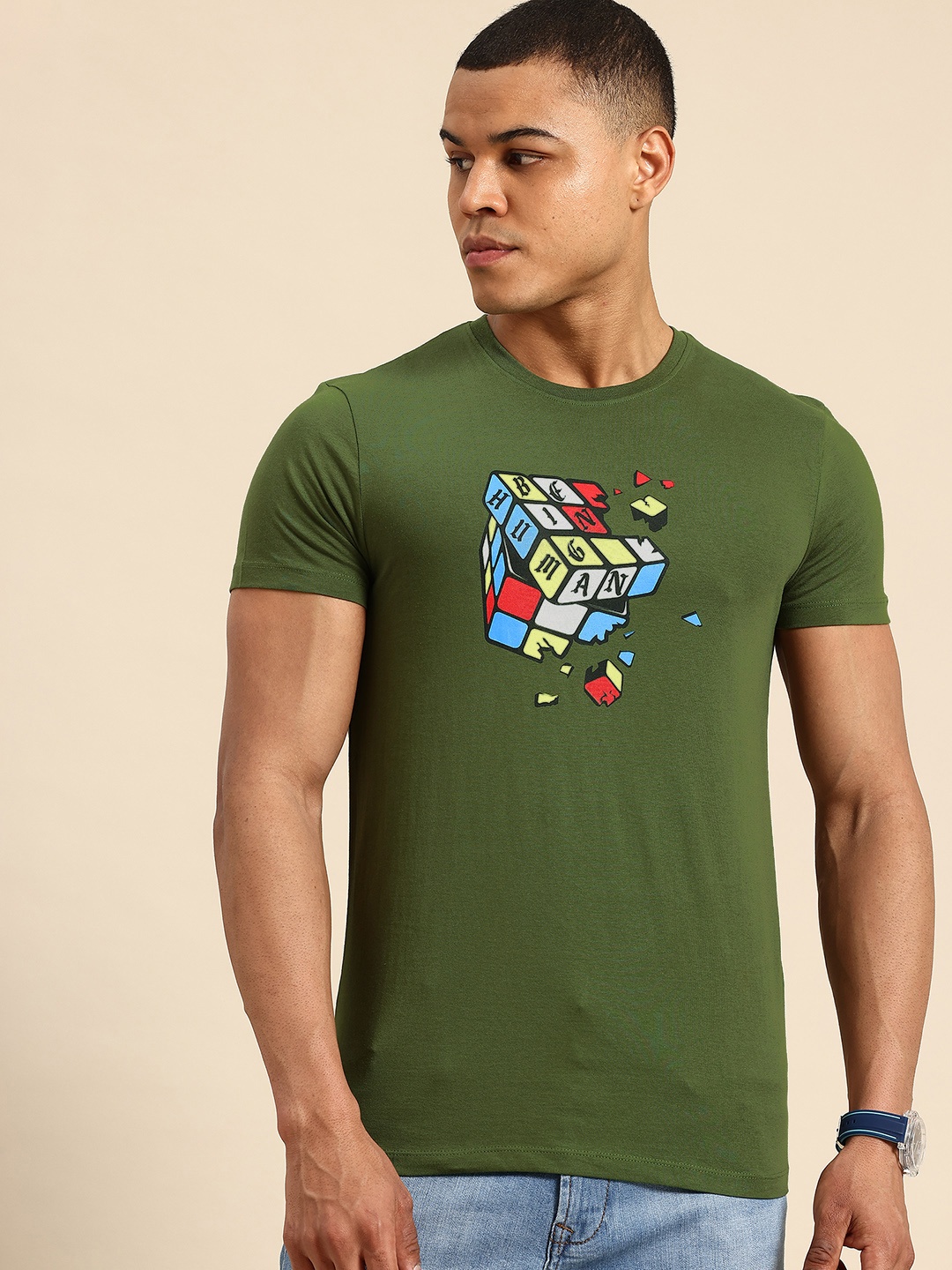 

Being Human Printed Pure Cotton T-shirt, Olive