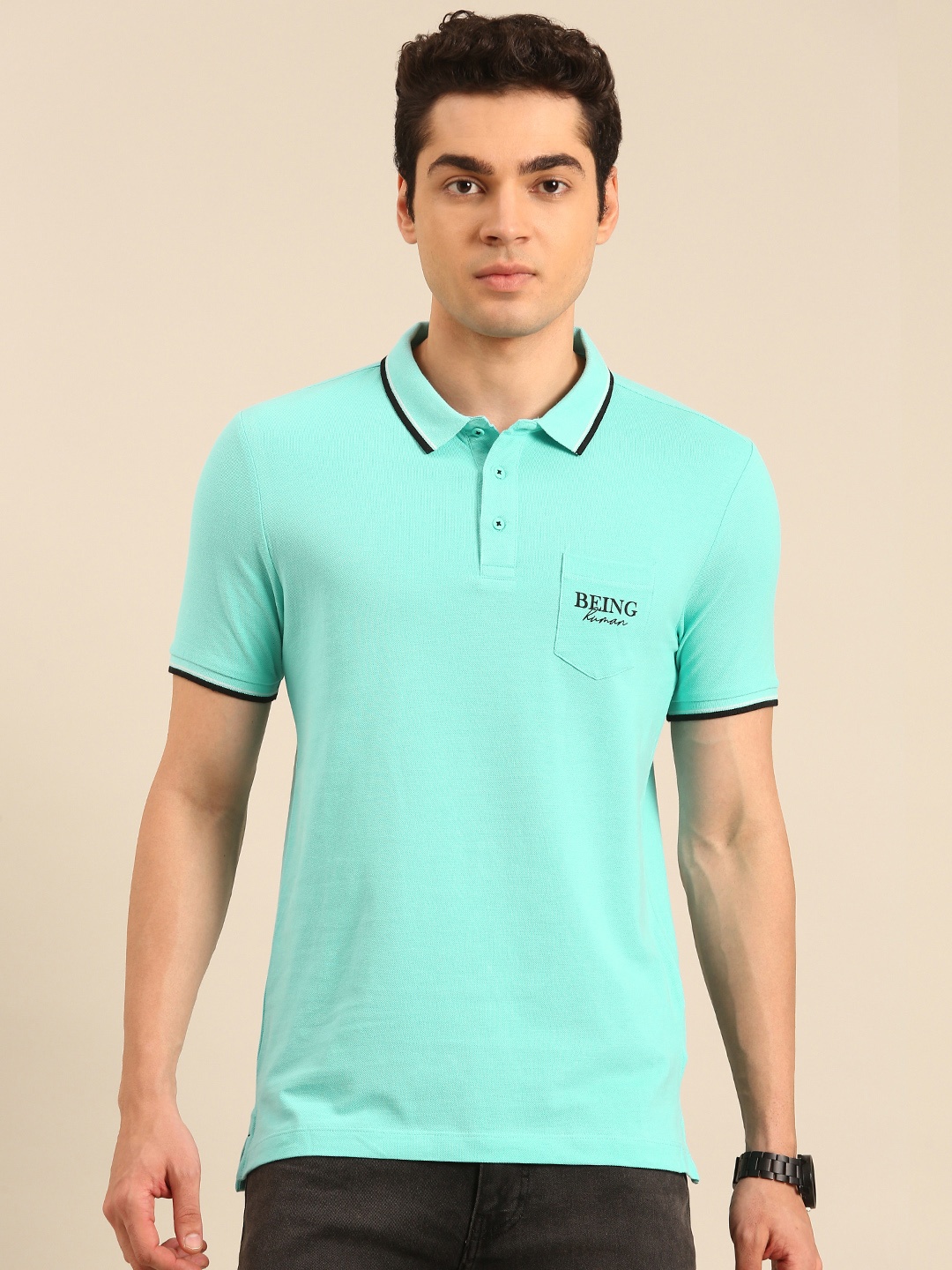 

Being Human Polo Collar Pure Cotton T-shirt with Pocket, Blue