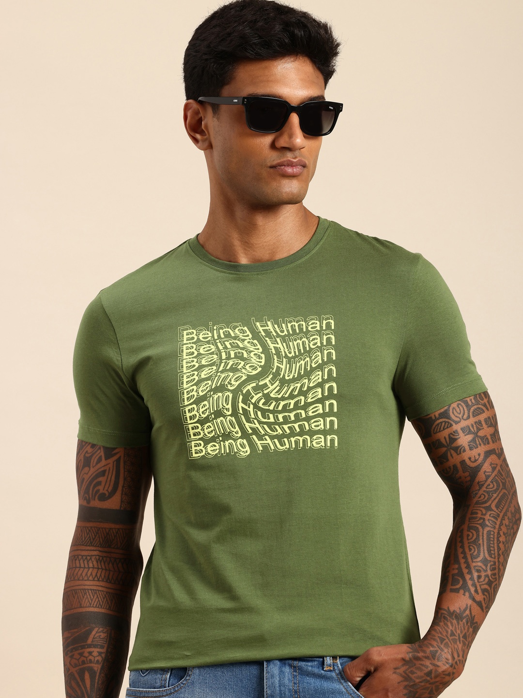 

Being Human Brand Logo Printed Pure Cotton T-shirt, Olive