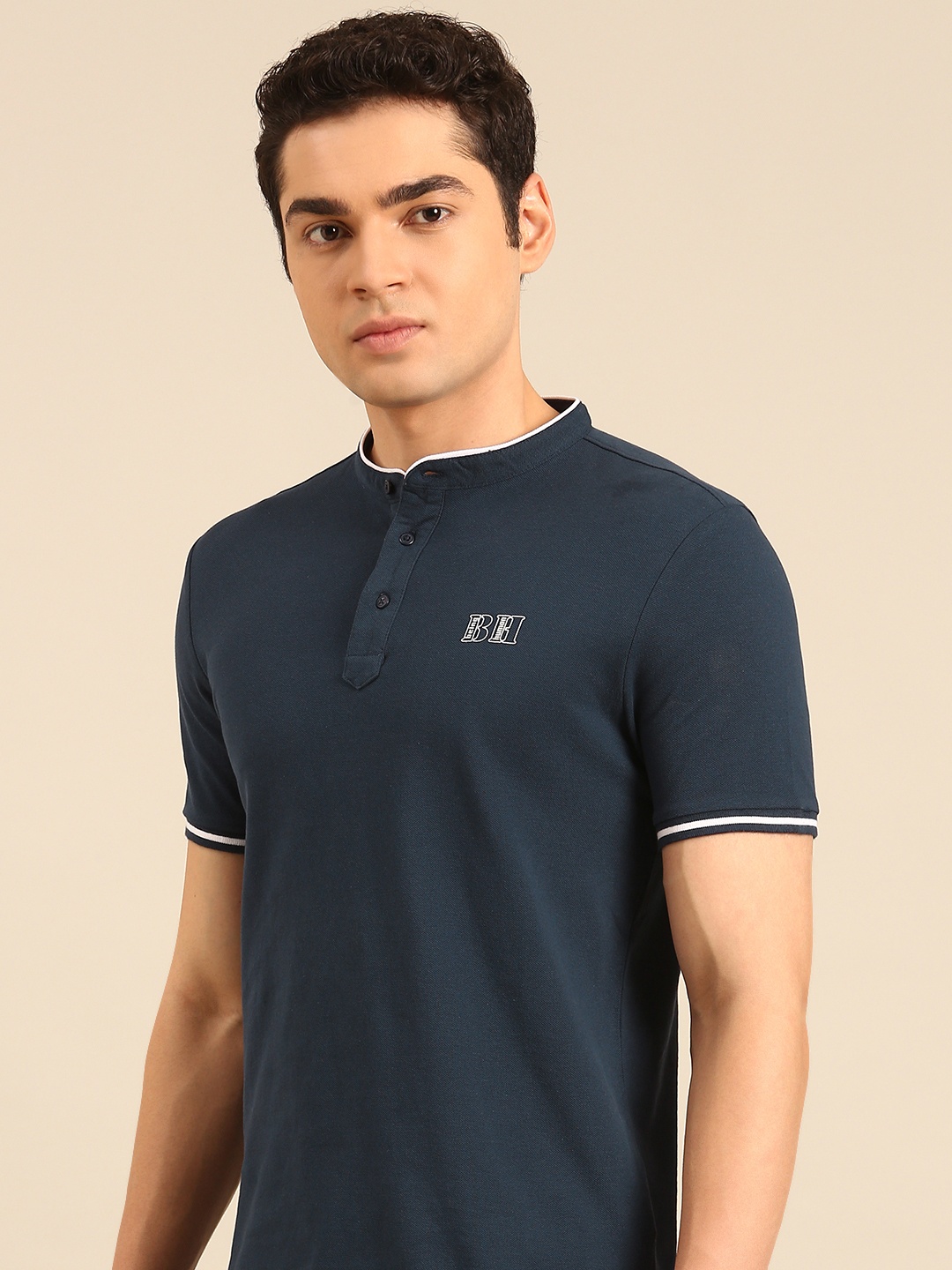

Being Human Pure Cotton Henley Neck T-shirt, Navy blue