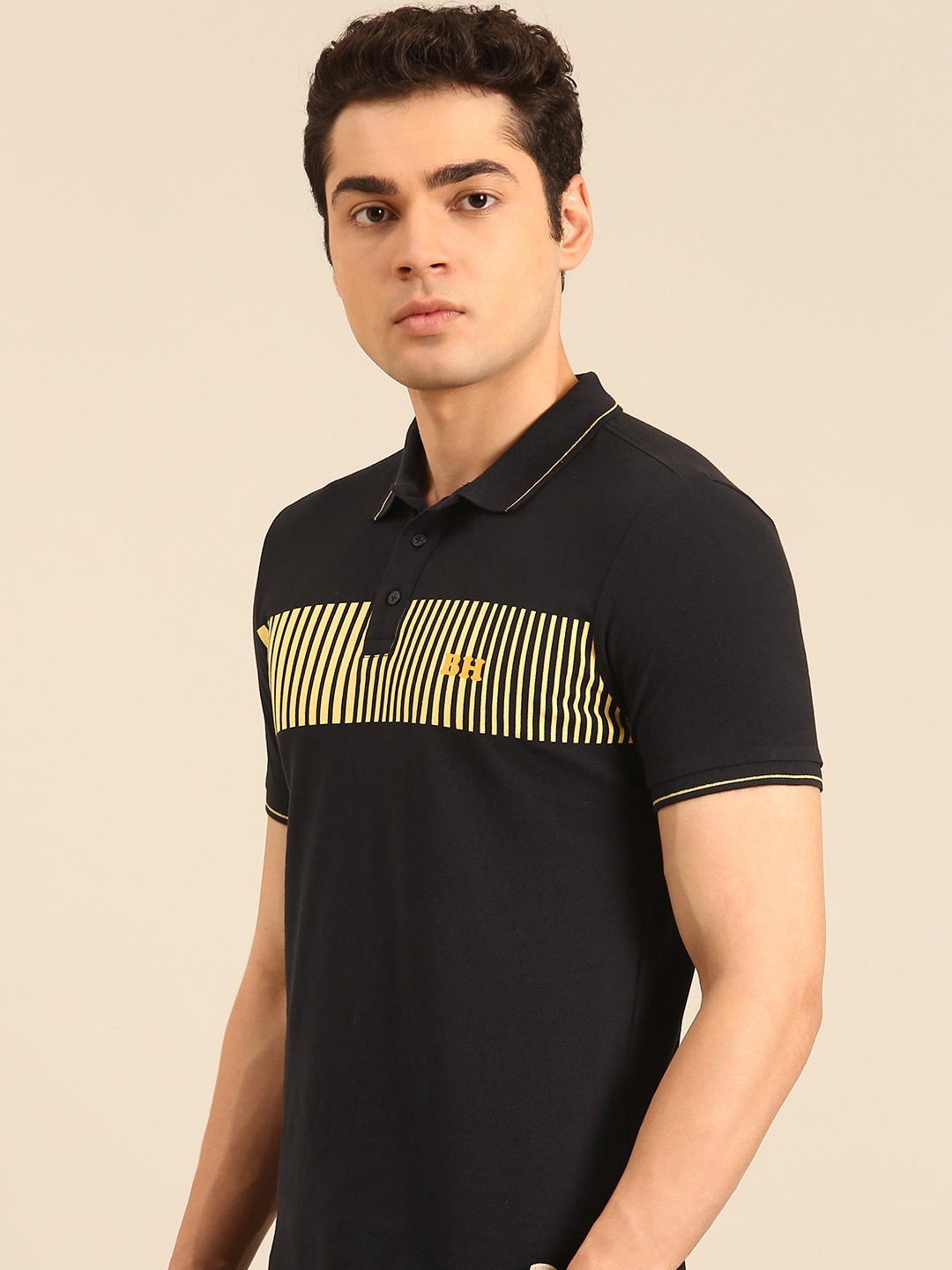 

Being Human Striped Polo Collar Pure Cotton T-shirt, Black