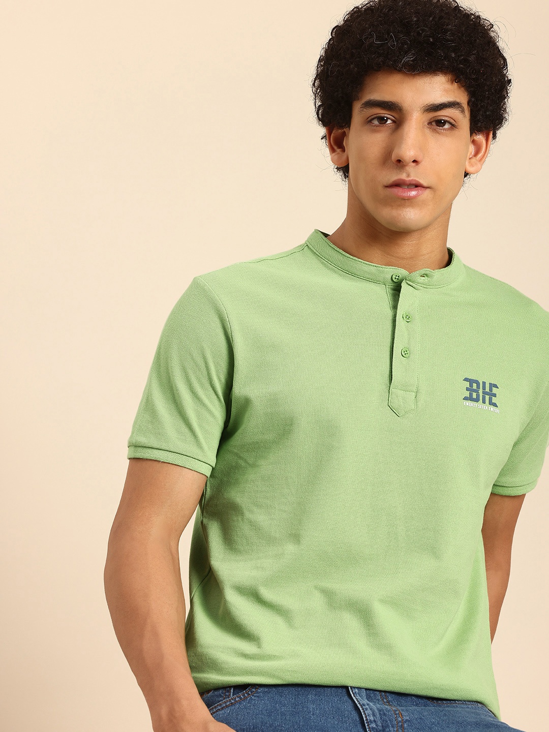 

Being Human Henley Neck Pure Cotton T-shirt, Green