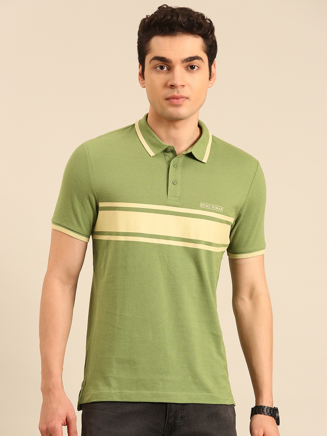 

Being Human Striped Pure Cotton Polo Collar T-shirt, Olive