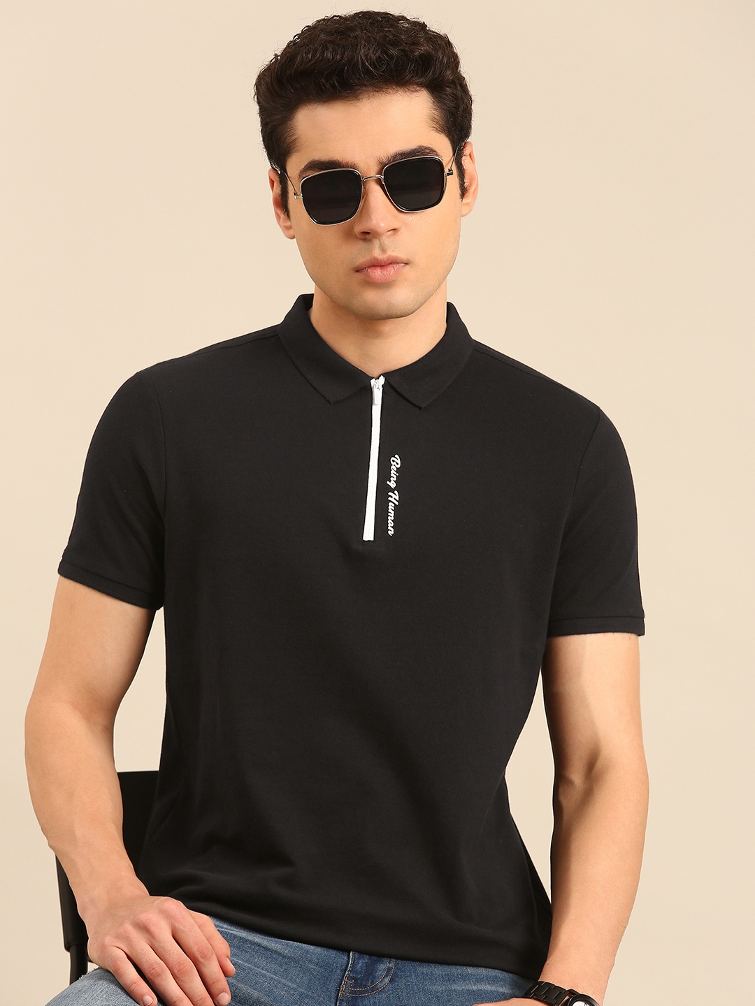 

Being Human Polo Collar Pure Cotton T-shirt, Black