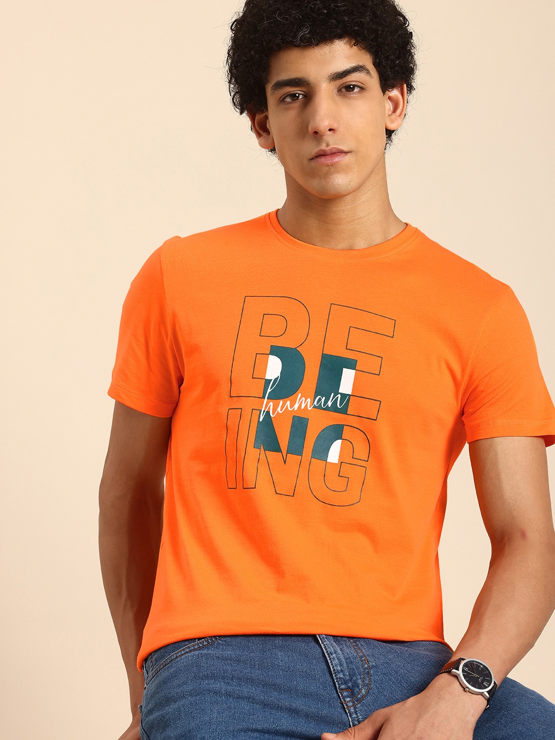 

Being Human Typography Printed Pure Cotton T-shirt, Orange