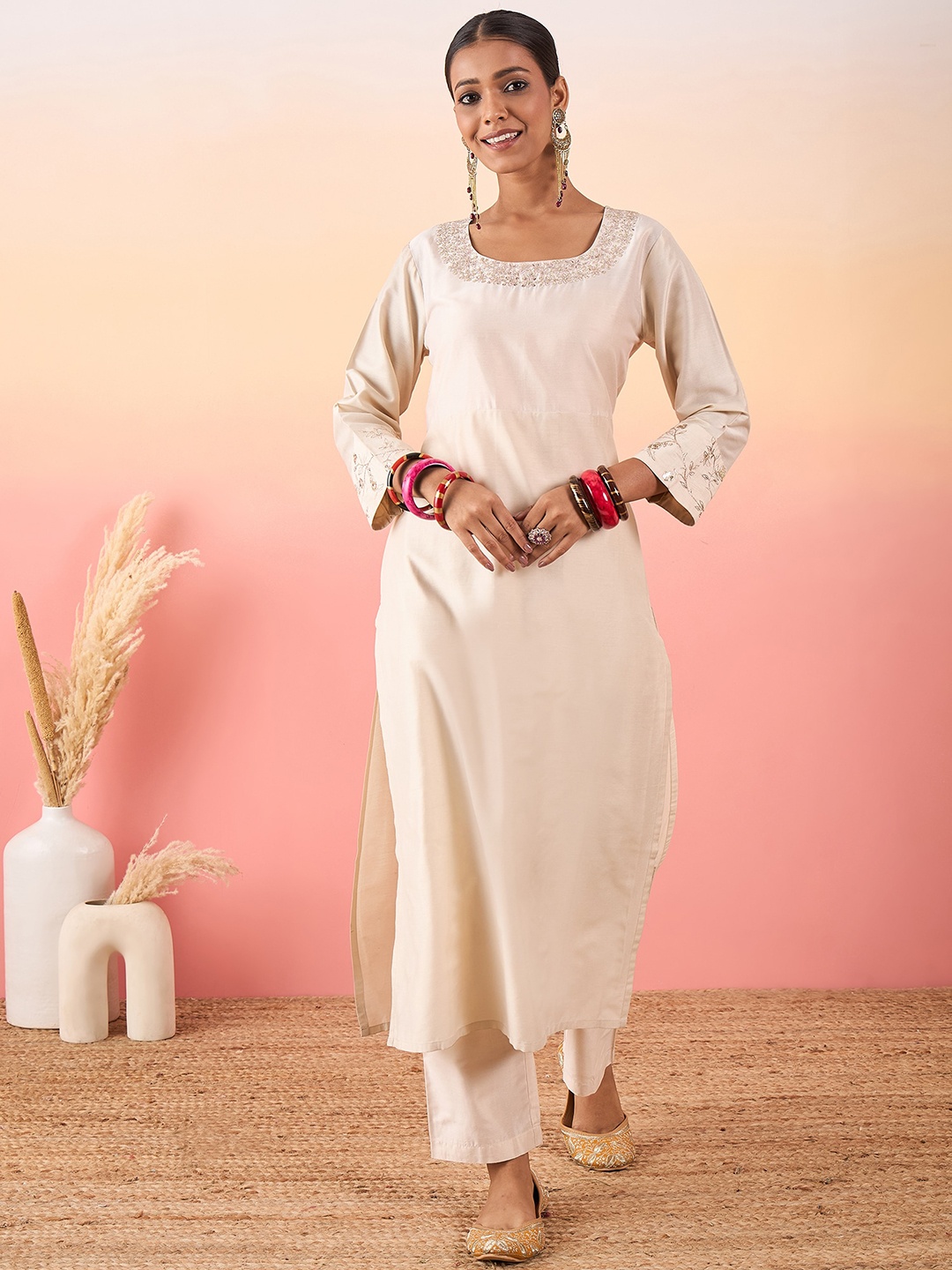 

Madhuni Embroidered Round Neck Straight Kurta with Palazzos, Beige