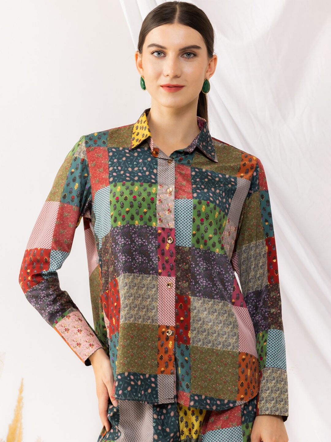 

KOVET Bohemian Printed Spread Collar Long Sleeves Crepe Casual Shirt, Blue