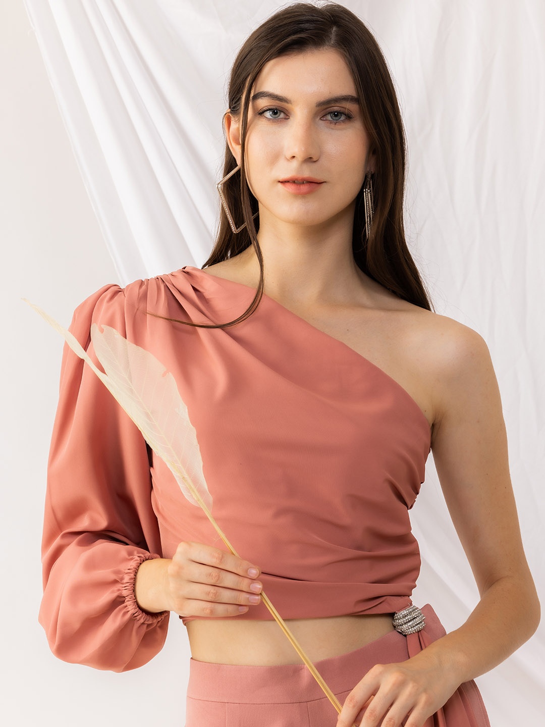 

KOVET Women Solid One Shoulder Puff Sleeve Crop Top, Coral