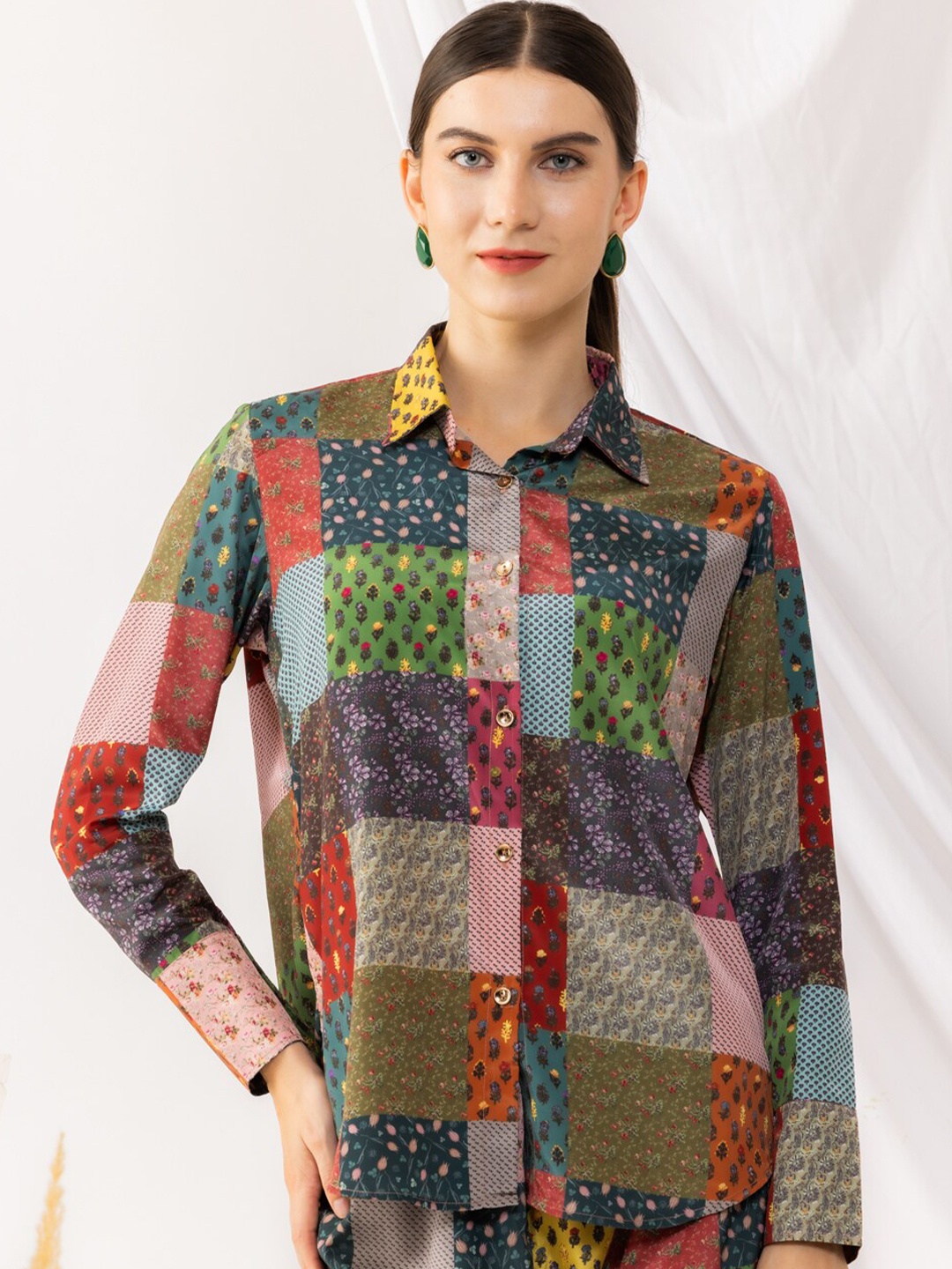 

KOVET Bohemian Printed Spread Collar Long Sleeves Crepe Casual Shirt, Blue