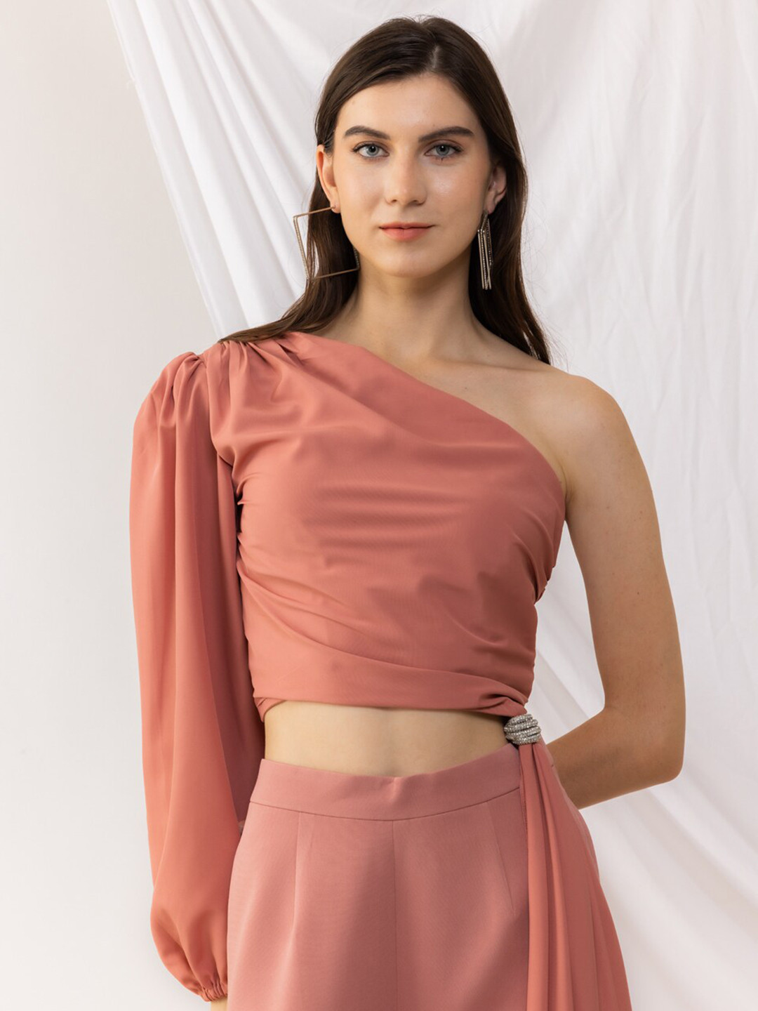 

KOVET One Shoulder Crepe Crop Top, Coral