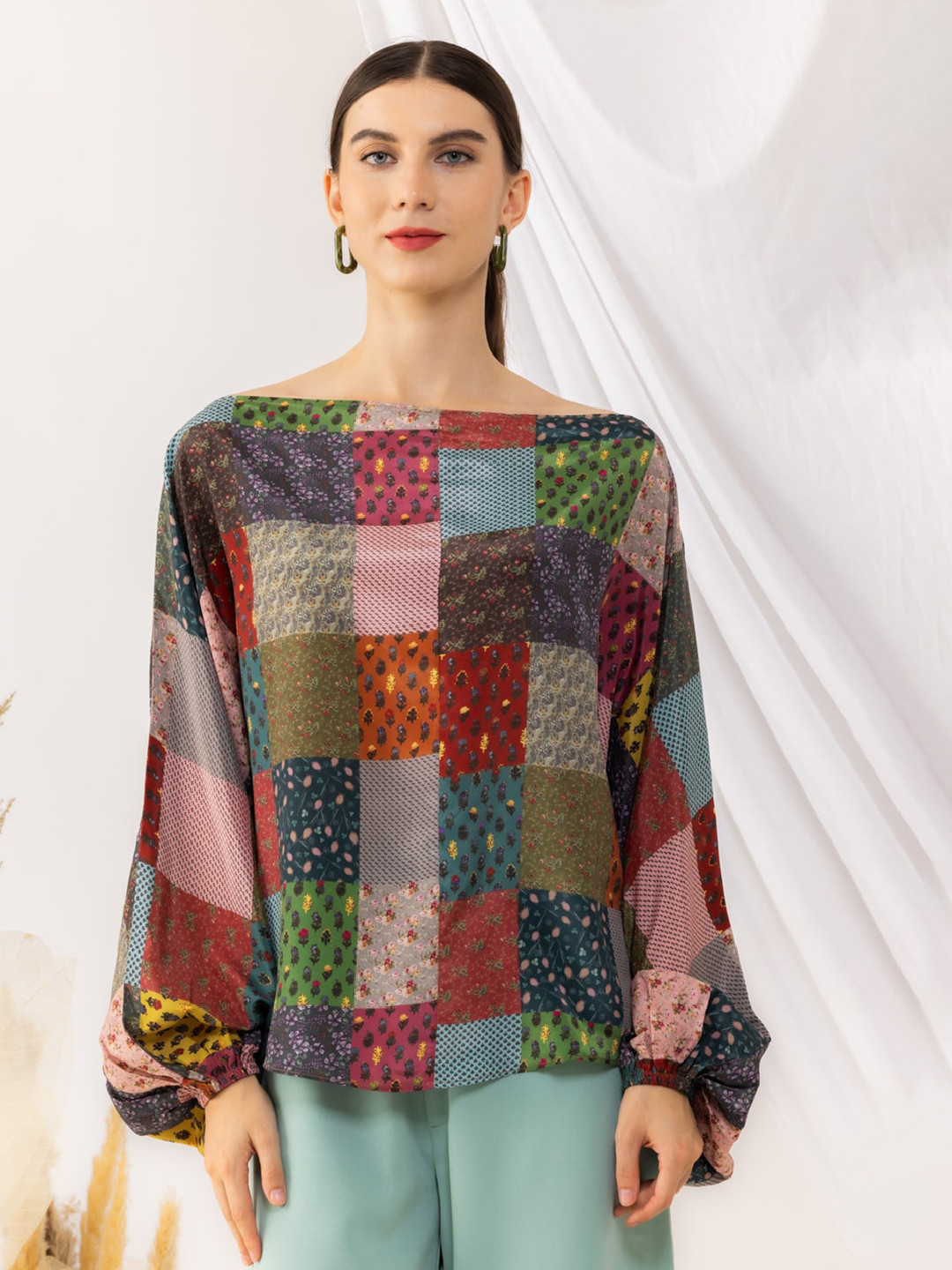 

KOVET Floral Print Boat Neck Crepe Boxy Top, Multi