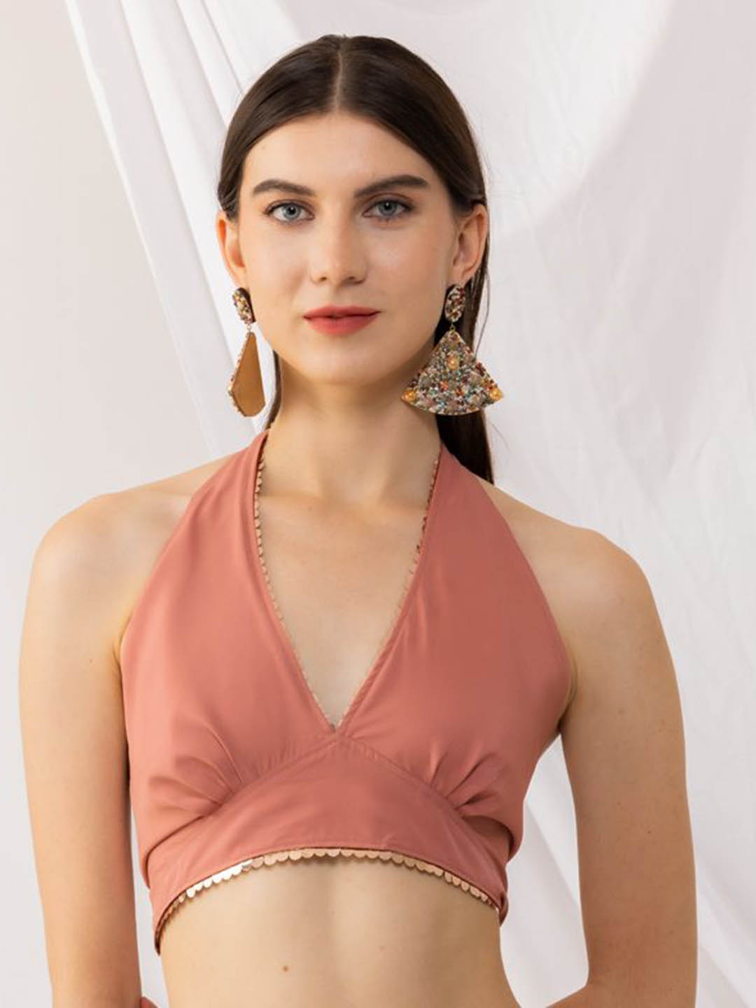 

KOVET Halter Neck Crepe Bralette Crop Top, Coral