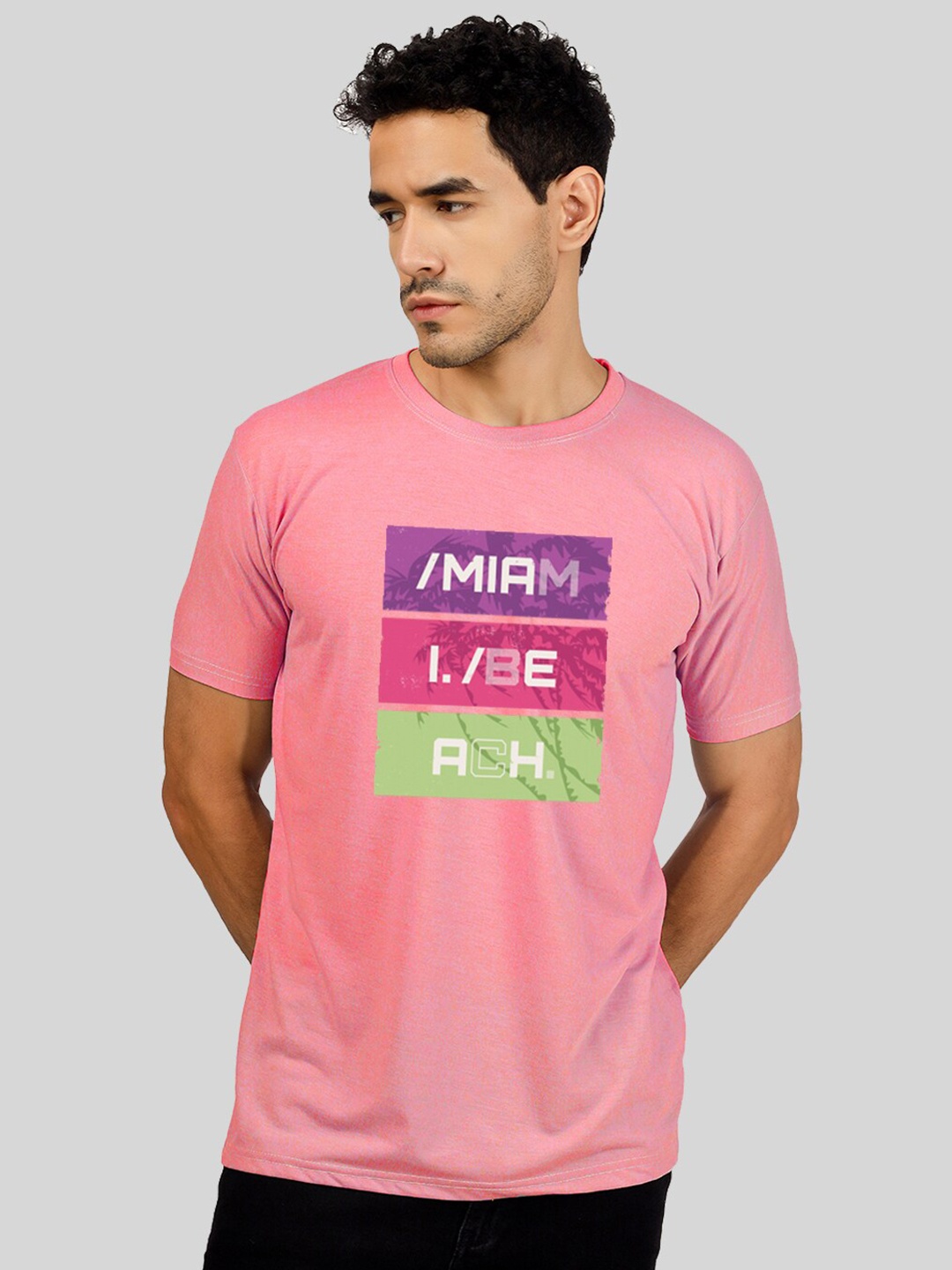

Greylongg Men Round Neck Typography Printed T-shirt, Pink