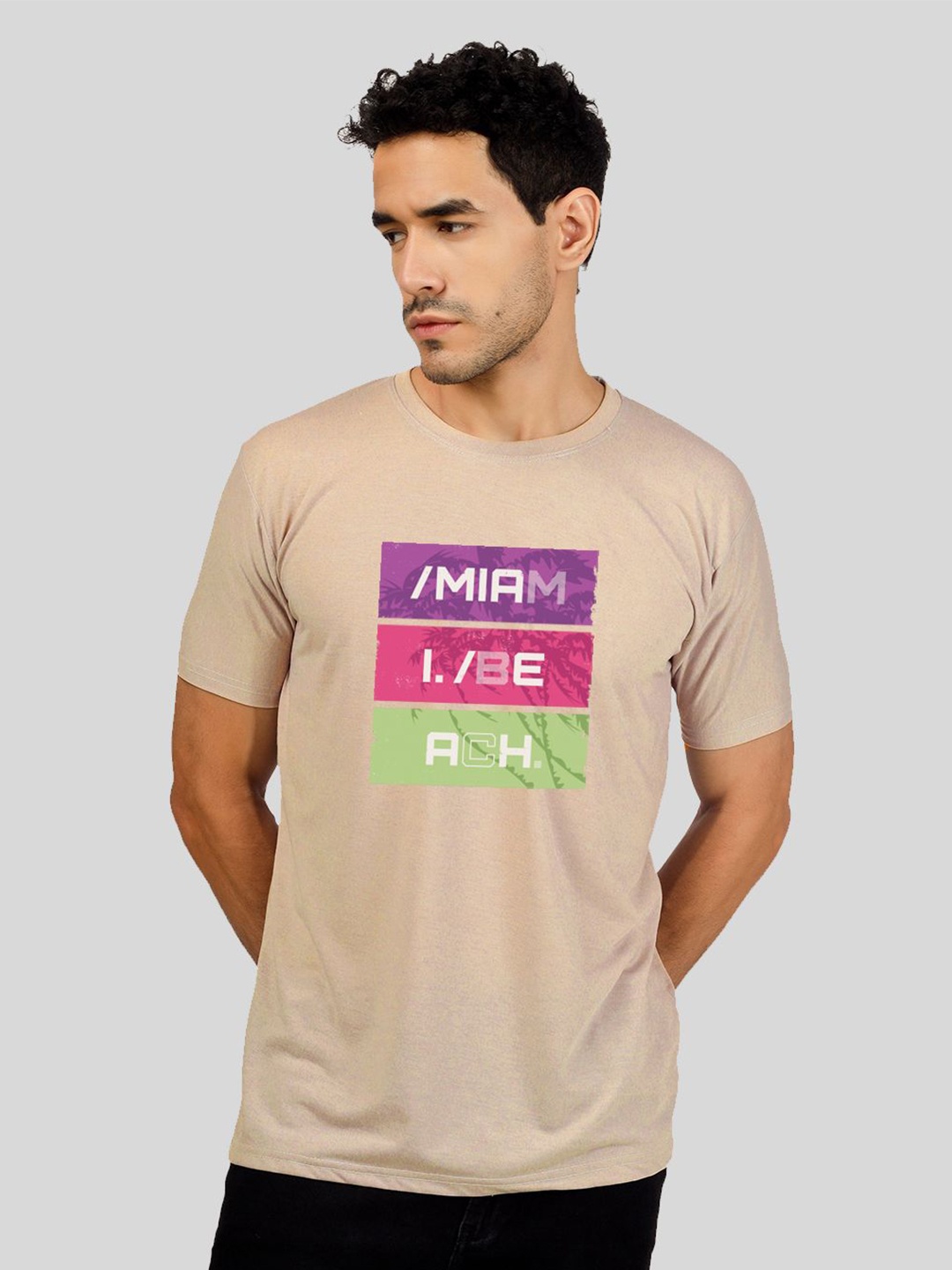 Greylongg Men Typography Printed Round Neck T-shirt, Beige