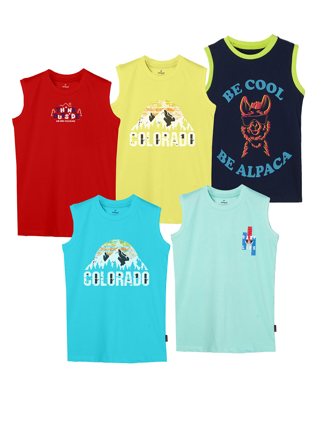 

KiddoPanti Boys Pack Of 5 Typography Printed Sleeveless T-shirts, Multi