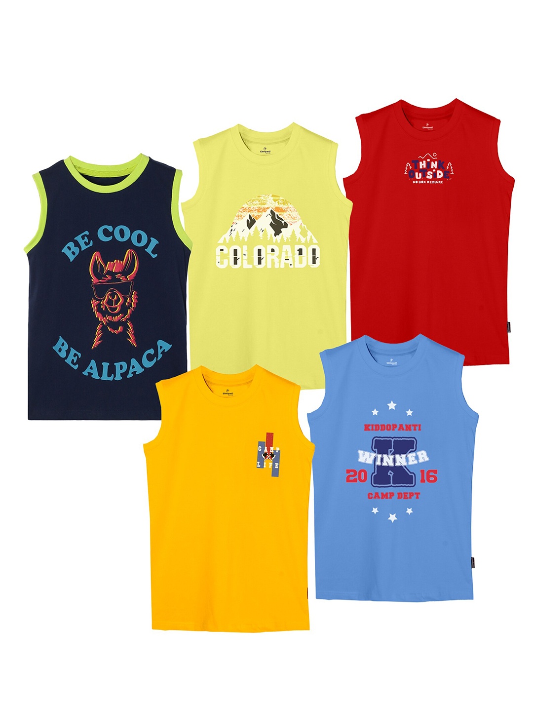 

KiddoPanti Boys Pack Of 5 Typography Printed Sleeveless T-shirt, Multi