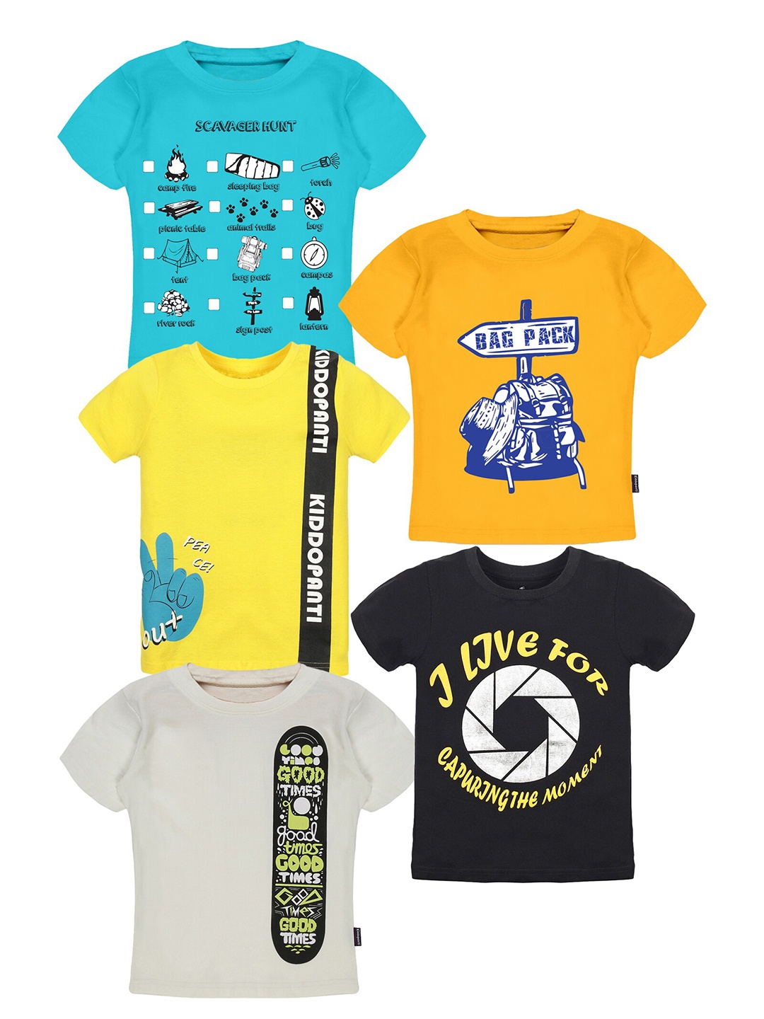 KiddoPanti Boys Pack Of 5 Graphic Printed Round Neck T-shirt, Multi