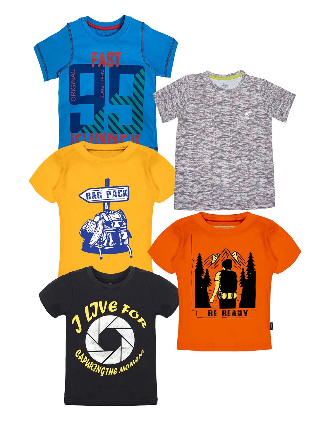 KiddoPanti Boys Pack Of 5 Graphic Printed Round Neck T-shirt, Multi