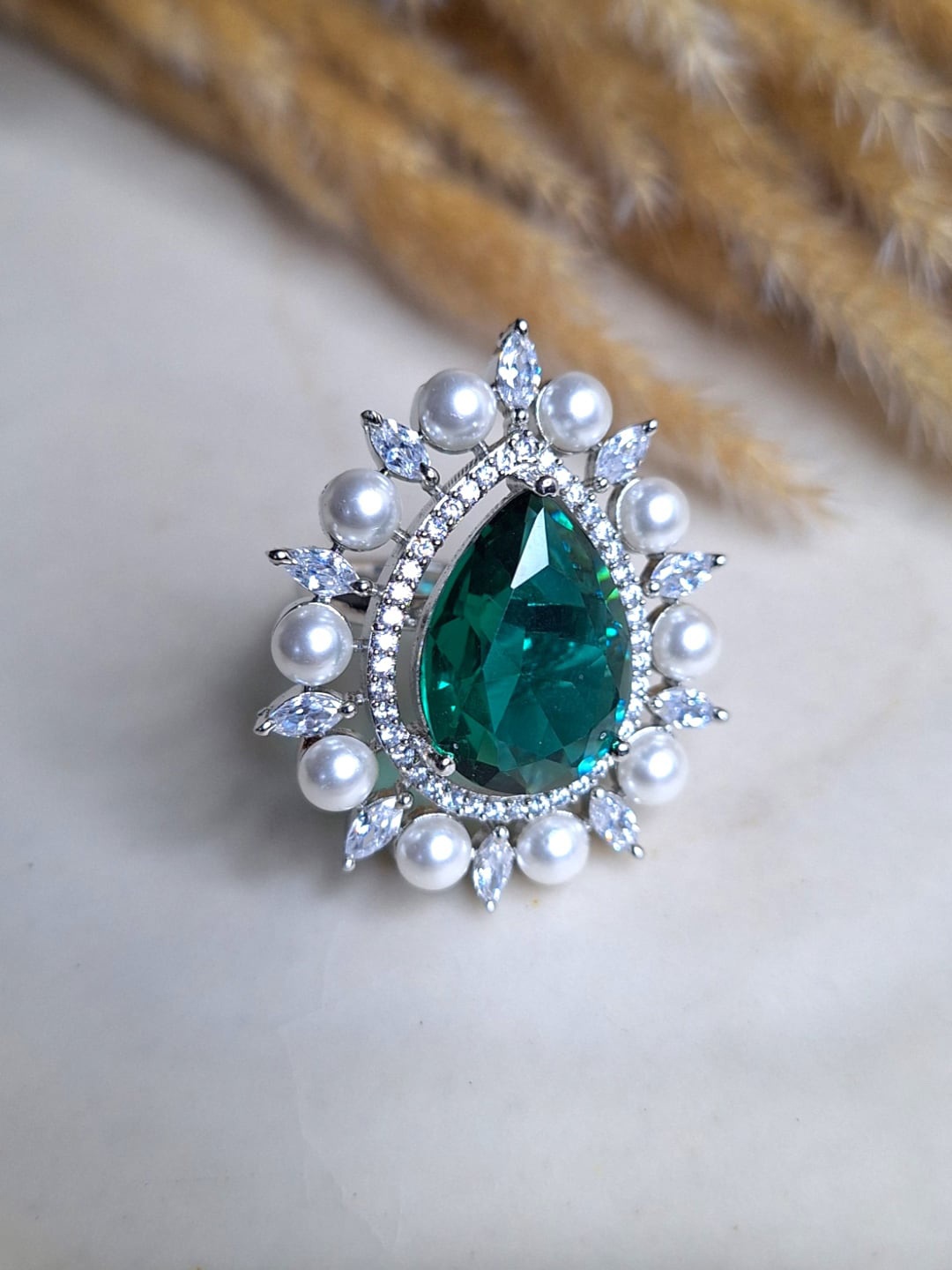 

XAGO Silver-Plated Stone-Studded & Beaded Finger Ring