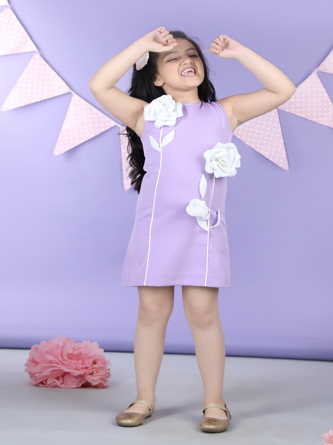 

THE LITTLE CELEBS Girls Floral Embellished Sheath Mini Dress With Hair Accessory, Purple