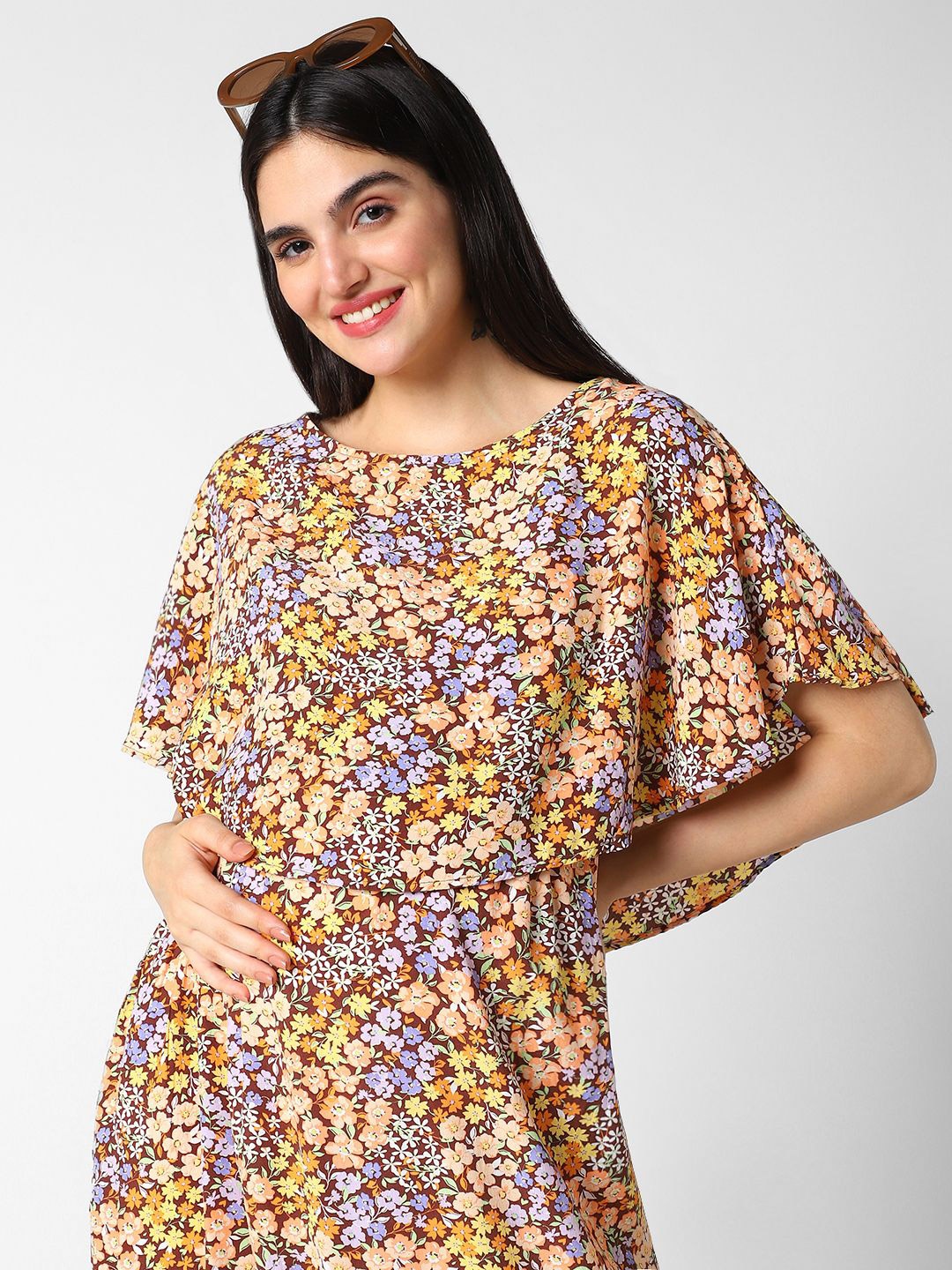 

Mystere Paris Floral Print Cape Sleeves Maternity A-Line Maxi Dress, Multi