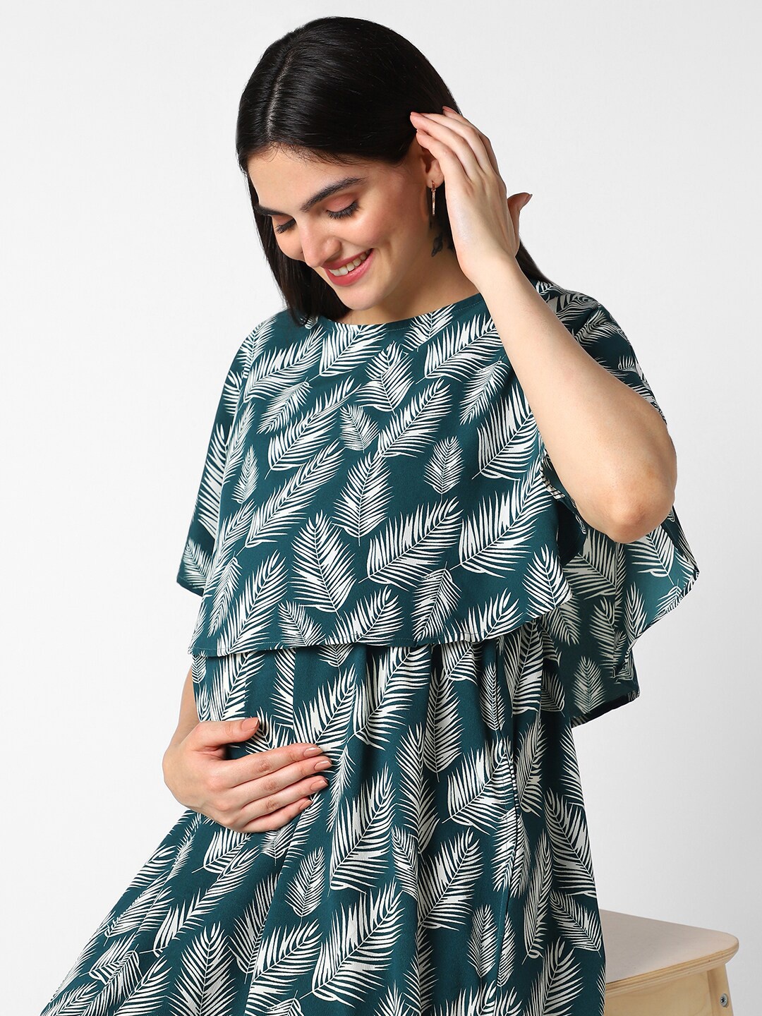 

Mystere Paris Floral Print Flared Sleeves Maxi Maternity A-Line Dress, Green