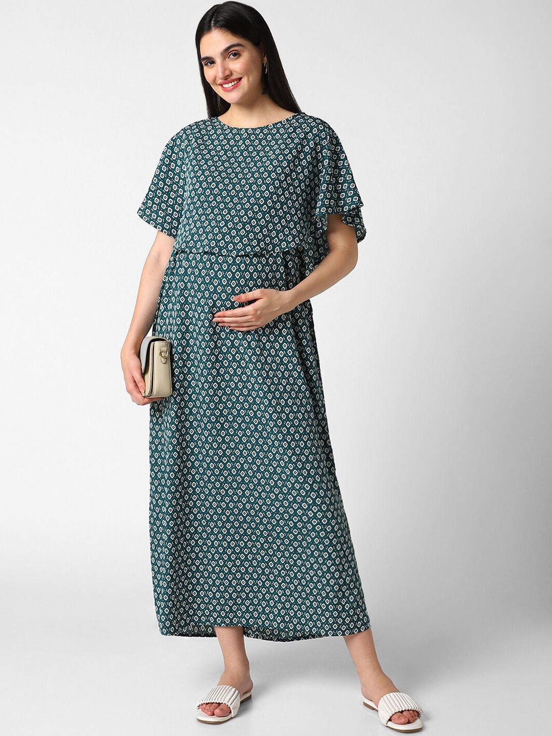 

Mystere Paris Printed Maternity Cape Sleeves A-Line Dress, Green