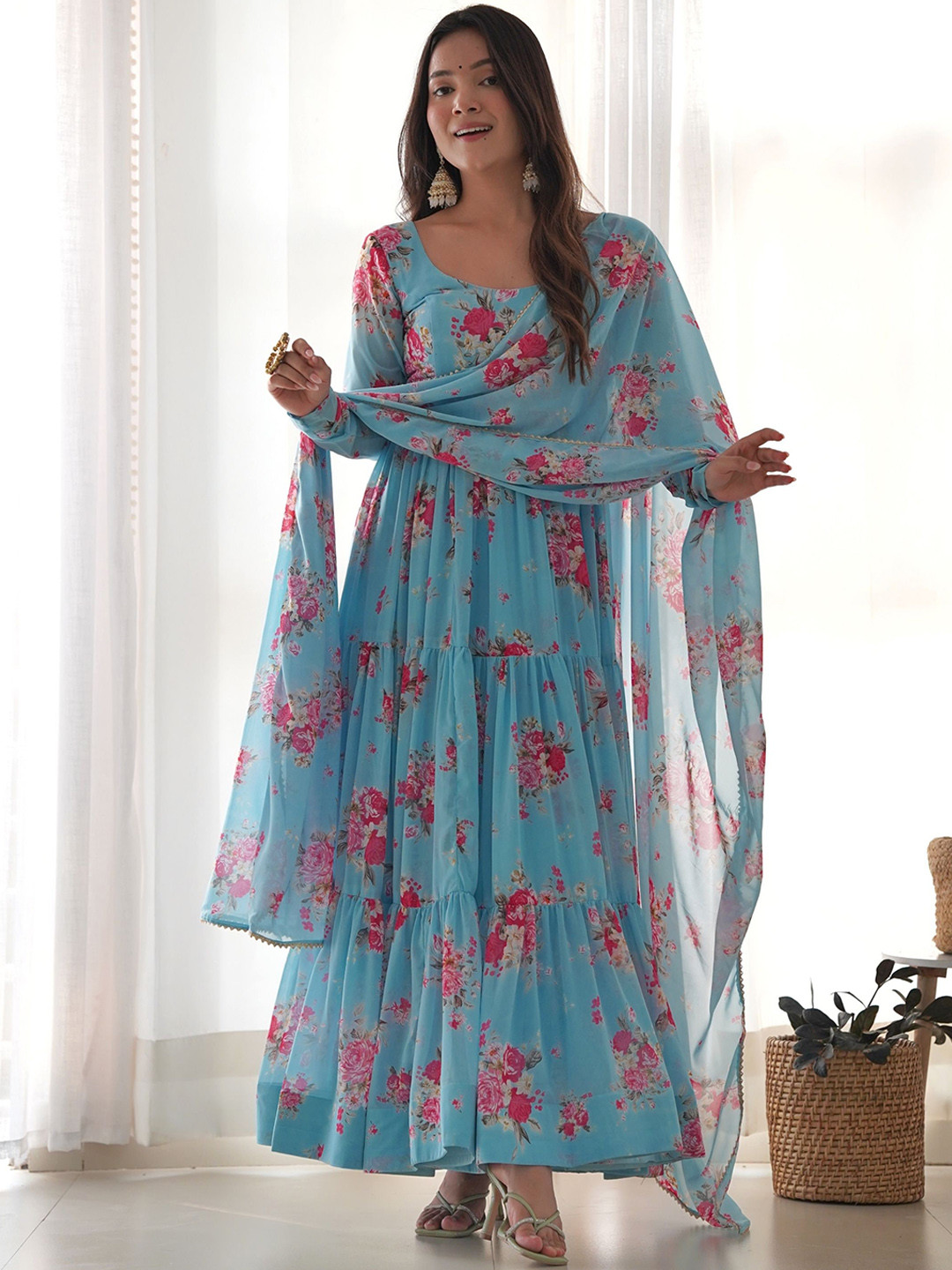 

KALINI Floral Printed Round Neck Regular Georgette Kurta With Trouser & Dupatta, Blue
